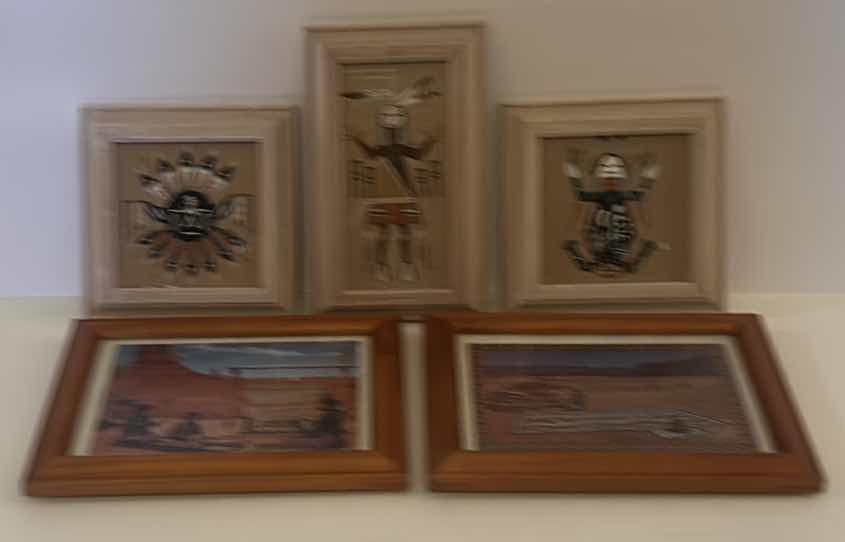 Photo 1 of 5 - SMALL FRAMED NATIVE AMERICAN ARTWORK, SAND PAINTING (LARGEST 4.5” x 7.5”)