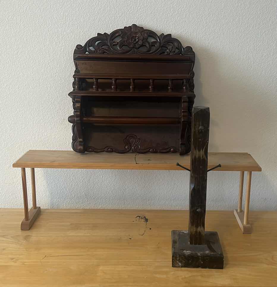 Photo 1 of 3 WOOD PIECES - DESK SHELF, WALL SHELF AND RUSTIC HOLDER