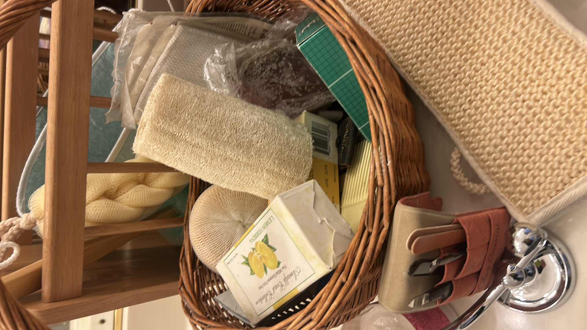 Photo 1 of BATHROOM ASSORTMENT- WOOD MAGAZINE HOLDER, WICKER BASKET, SOAPS AND MORE
