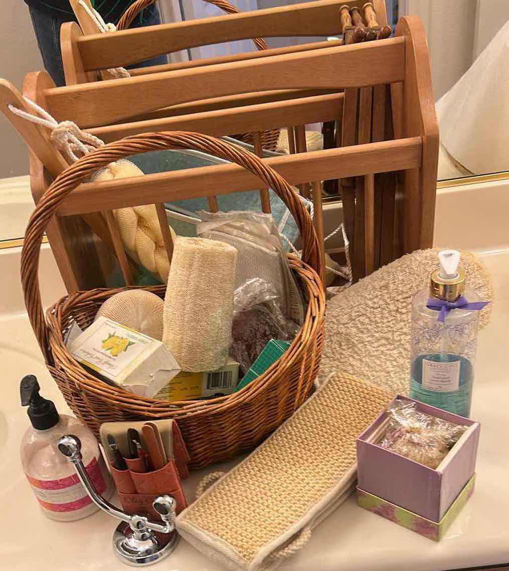 Photo 2 of BATHROOM ASSORTMENT- WOOD MAGAZINE HOLDER, WICKER BASKET, SOAPS AND MORE