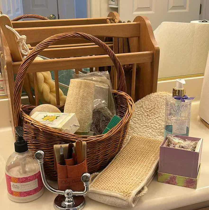 Photo 1 of BATHROOM ASSORTMENT- WOOD MAGAZINE HOLDER, WICKER BASKET, SOAPS AND MORE