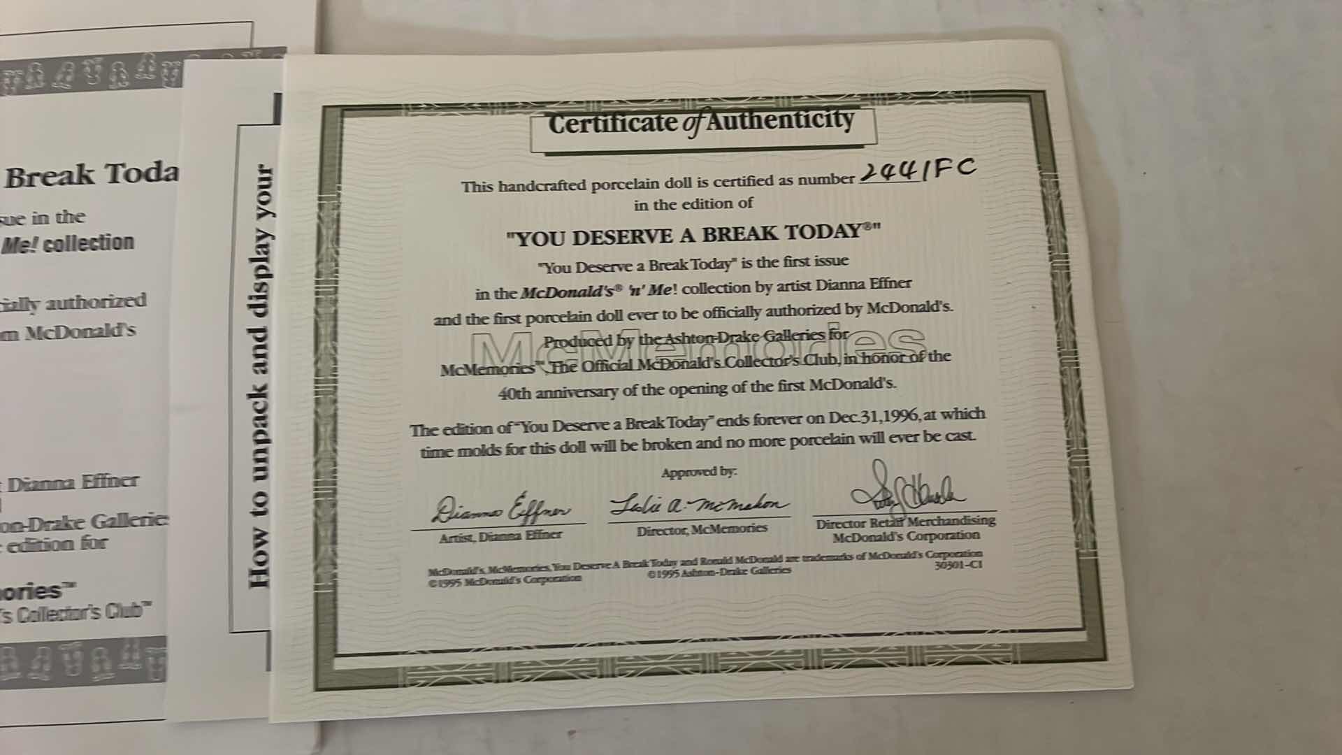 Photo 3 of ASHTON DRAKE GALLERIES MCMEMORIES “YOU DESERVE A BREAK TODAY PORCELAIN DOLL 12”COA NEW UNSEALED