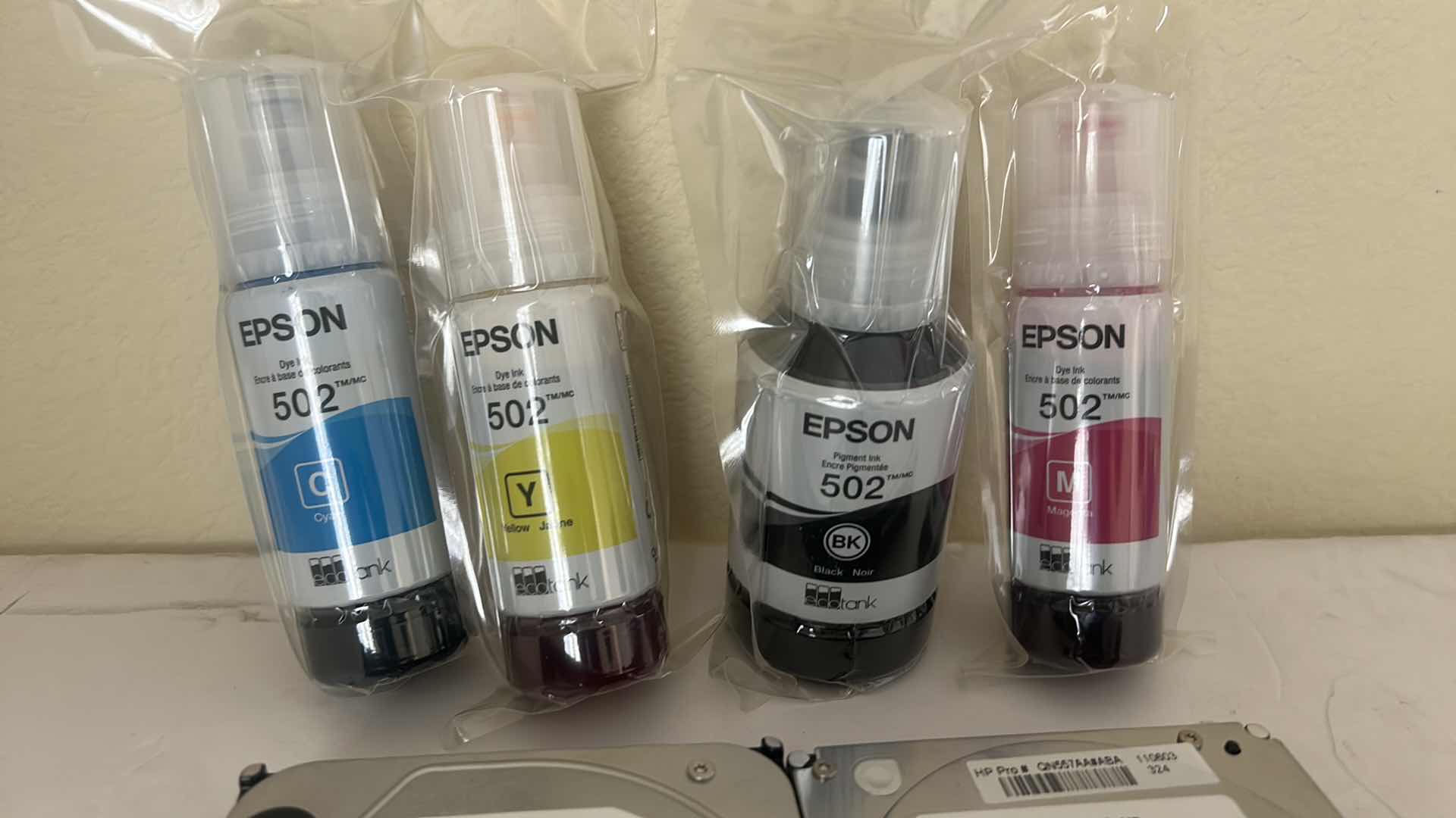 Photo 1 of 2 HARD DRIVES, WESTERN DIGITAL & HITACHI AND 4 EPSON INK BOTTLES