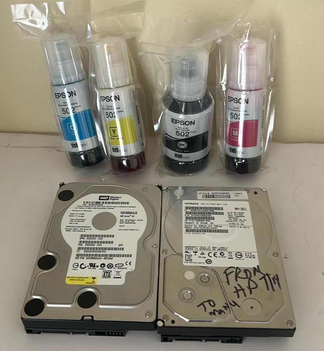Photo 1 of 2 HARD DRIVES, WESTERN DIGITAL & HITACHI AND 4 EPSON INK BOTTLES