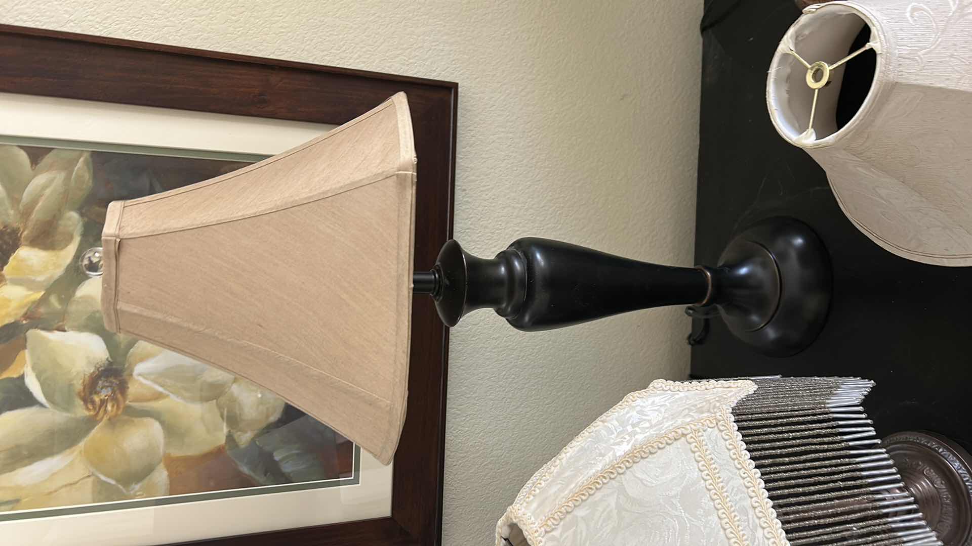 Photo 1 of 4 TABLE LAMPS WITH SHADES & 1 EXTRA SHADE (TALLEST H 29”)