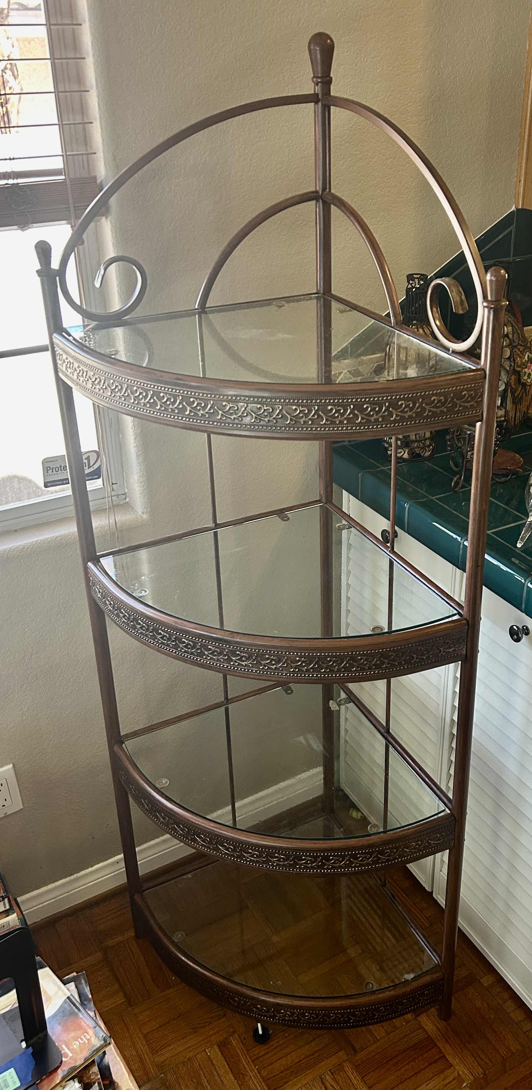 Photo 1 of METAL CORNER SHELF UNIT WITH GLASS INSERTS 26“ x 19“ x H5’ 5”)