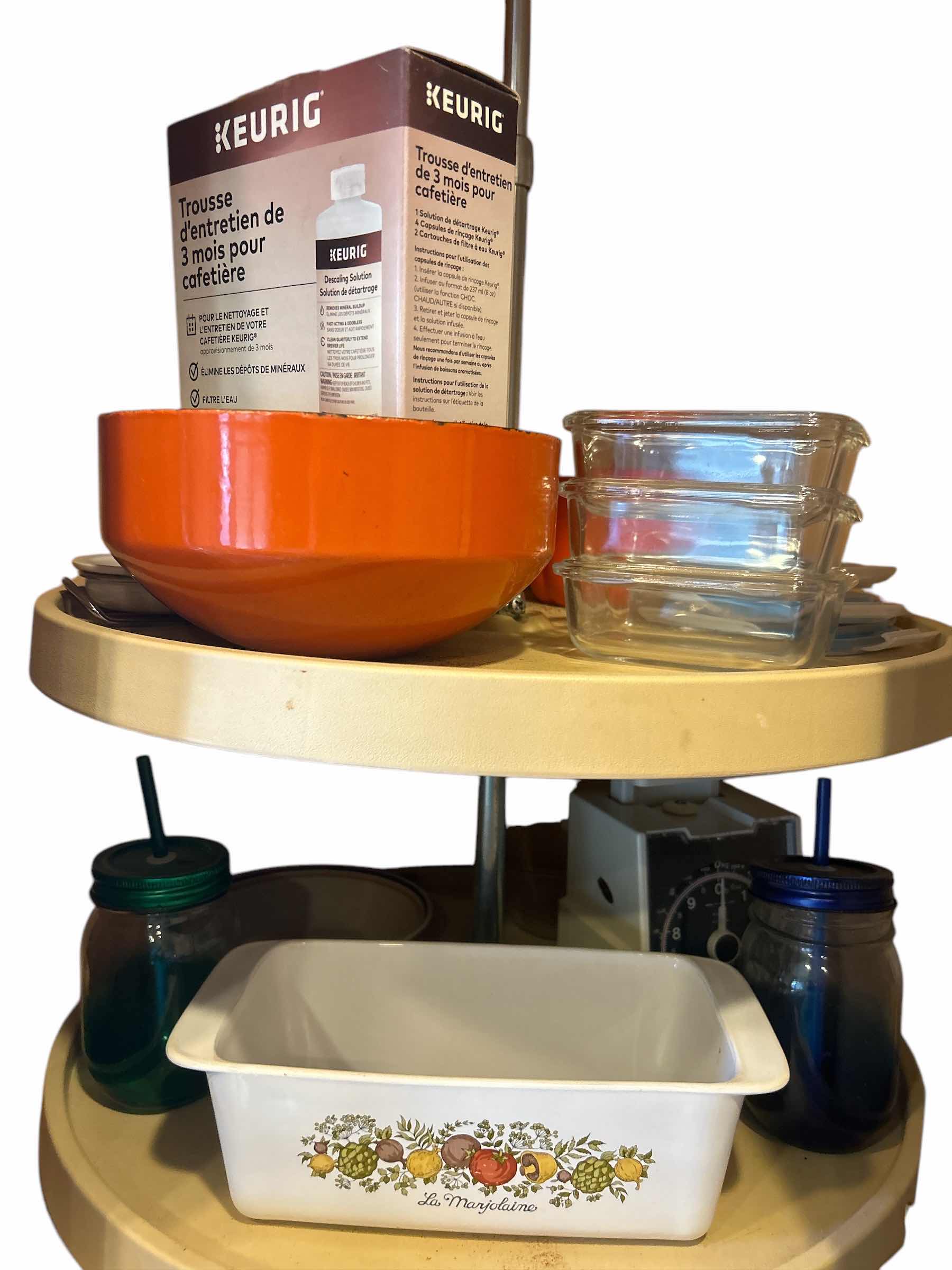 Photo 1 of CONTENTS OF CORNER CABINET IN KITCHEN- CORNING WARE, FOOD SCALE & MORE