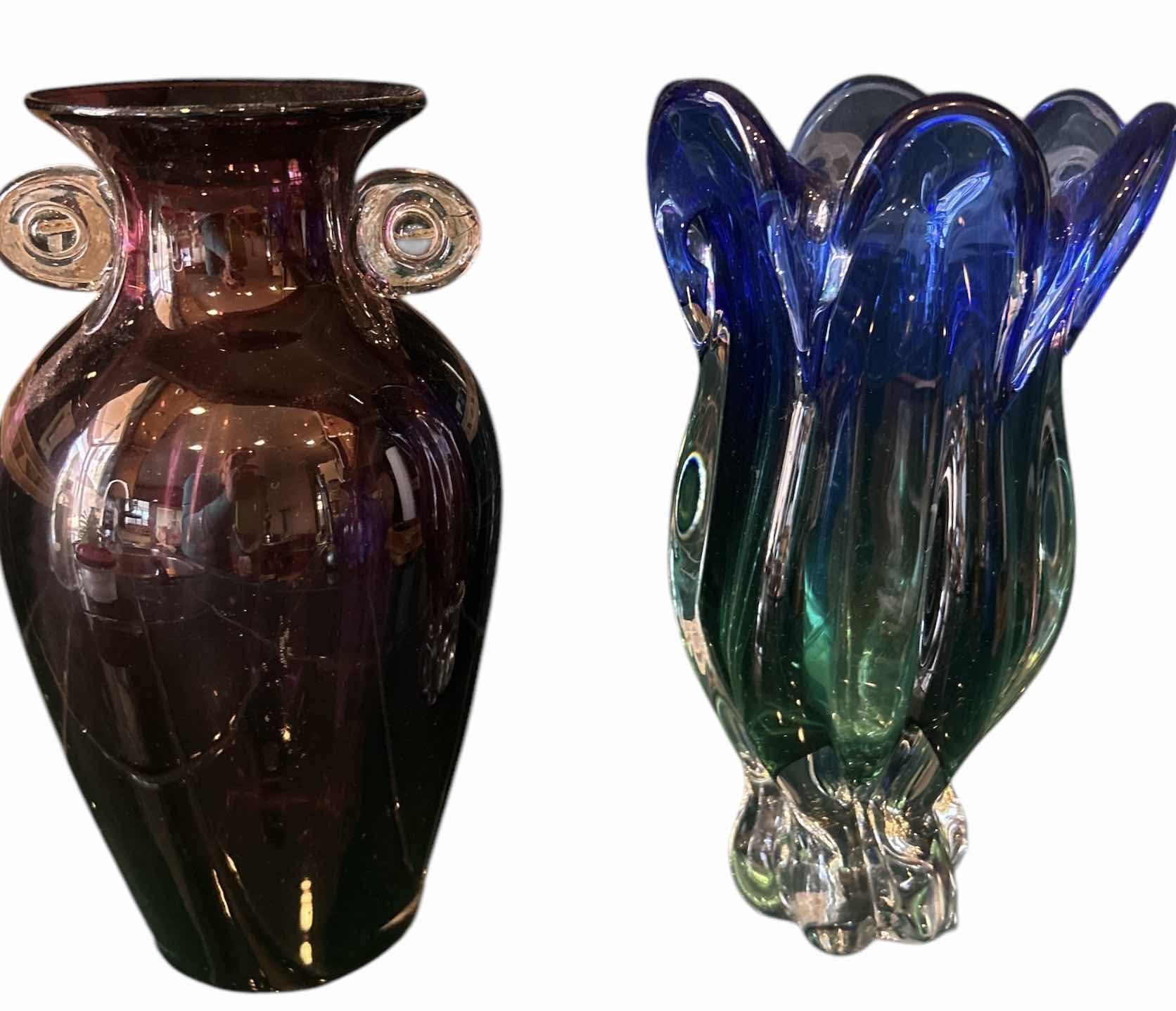 Photo 1 of 2 COLORED GLASS VASES (TALLEST 9.5”)