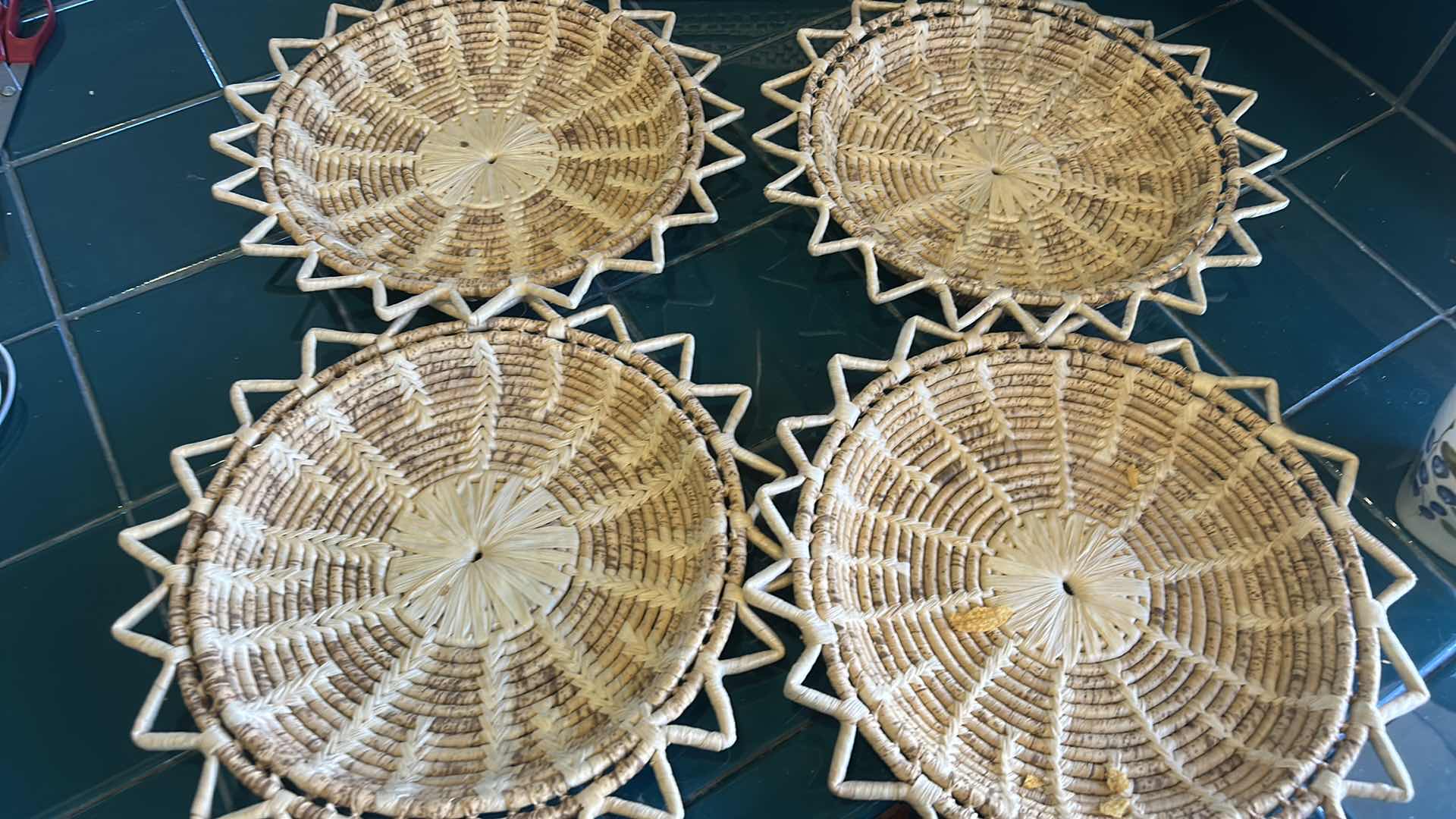 Photo 1 of WOVEN BASKET 21” x 15”, 4 WOVEN PLATE HOLDERS AND PITCHER