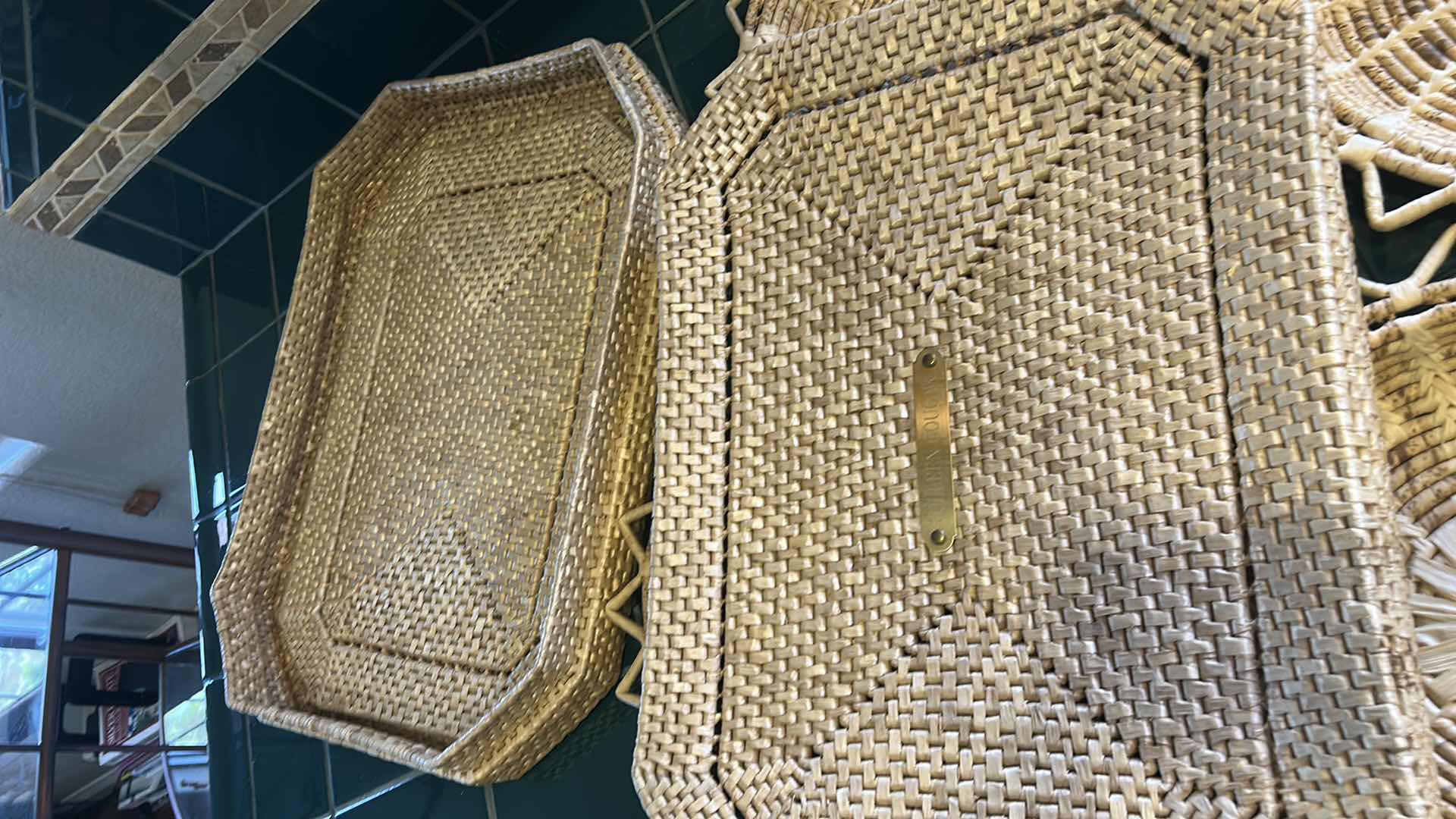 Photo 1 of WOVEN BASKET 21” x 15”, 4 WOVEN PLATE HOLDERS AND PITCHER