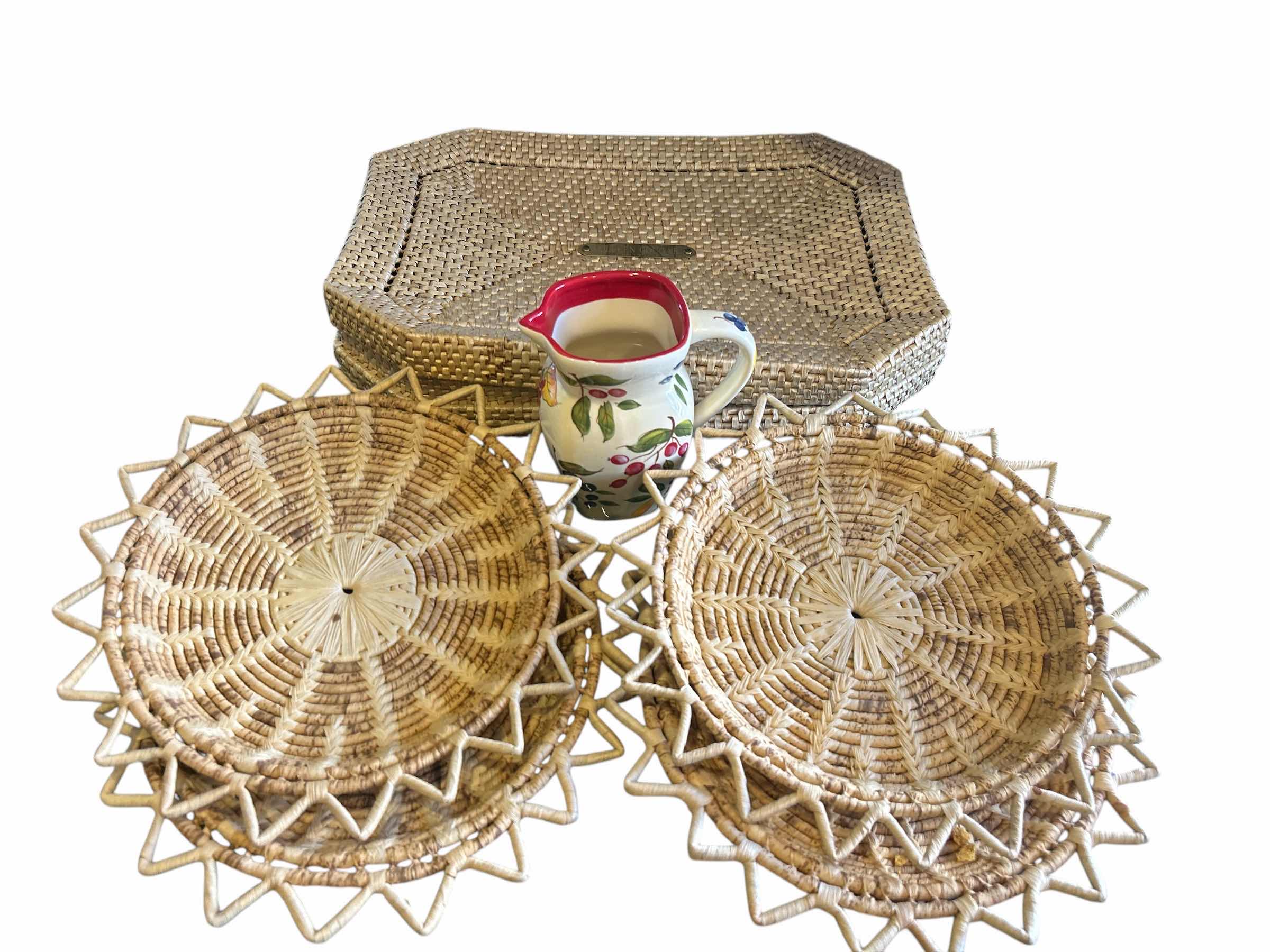 Photo 1 of WOVEN BASKET 21” x 15”, 4 WOVEN PLATE HOLDERS AND PITCHER