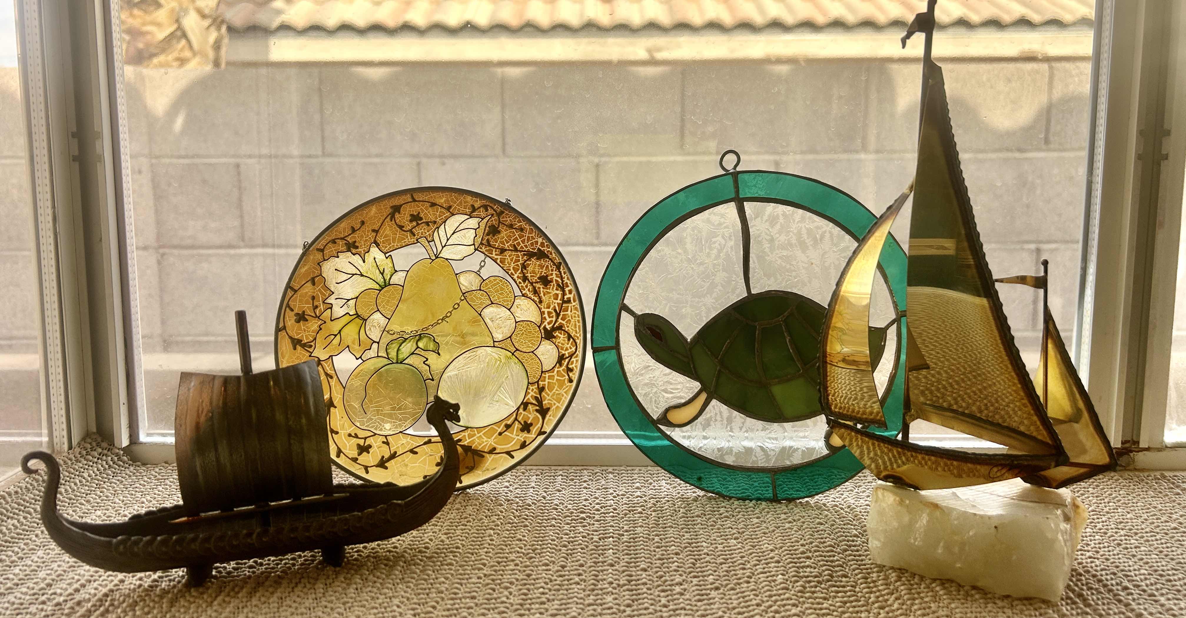 Photo 1 of 4 PC VINTAGE HOME DECOR- STAINED GLASS, METAL ART (TALLEST 9.5”)