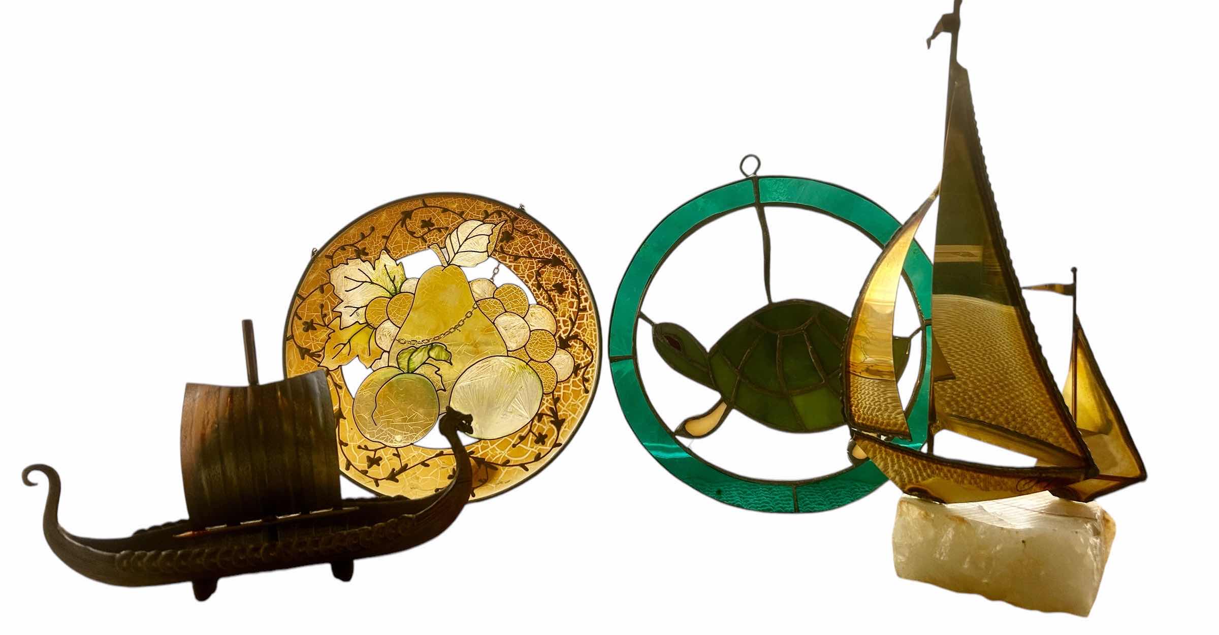 Photo 1 of 4 PC VINTAGE HOME DECOR- STAINED GLASS, METAL ART (TALLEST 9.5”)