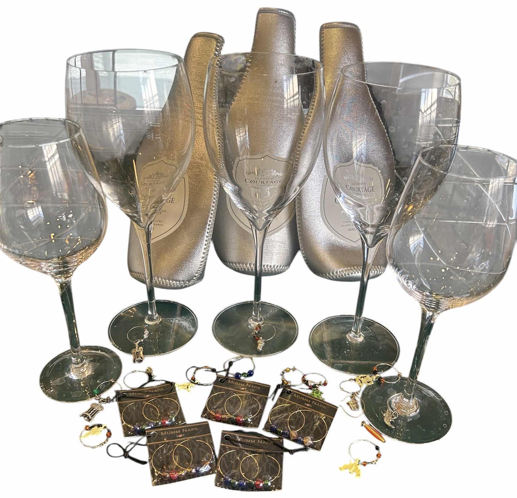 Photo 1 of 5 WINE GLASSES, WINE CHARMS AND 3 WINE HOLDERS