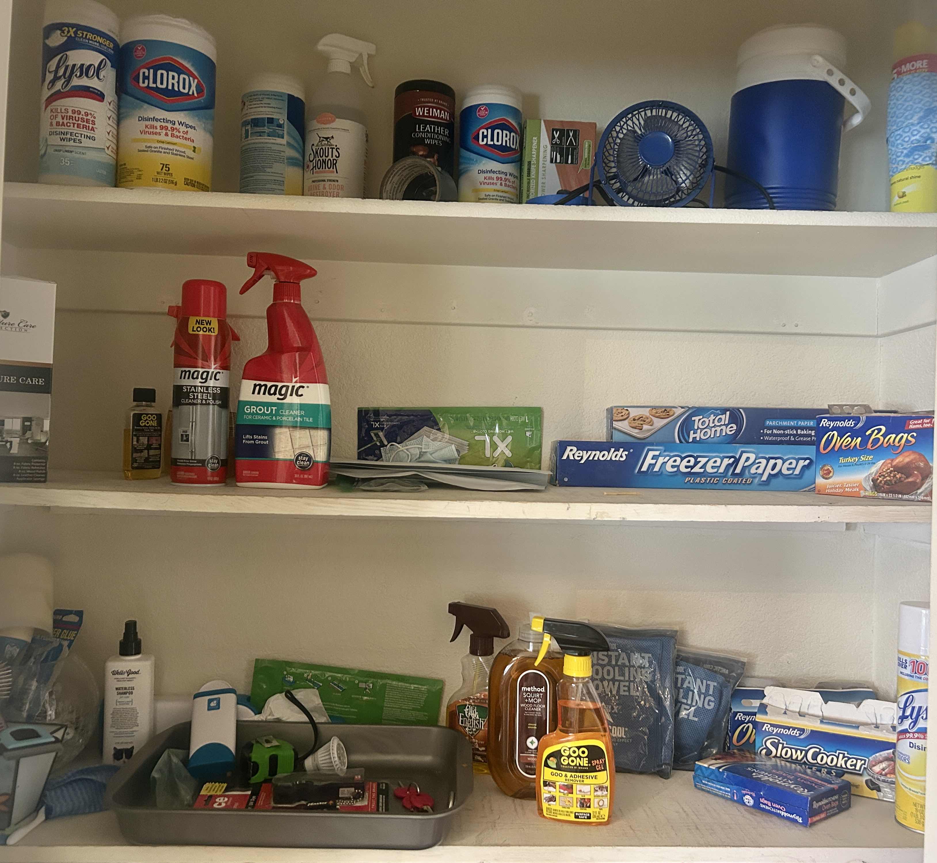 Photo 1 of CONTENTS OF 3 SHELVES IN CLOSET- CLEANING SUPPLIES AND MORE