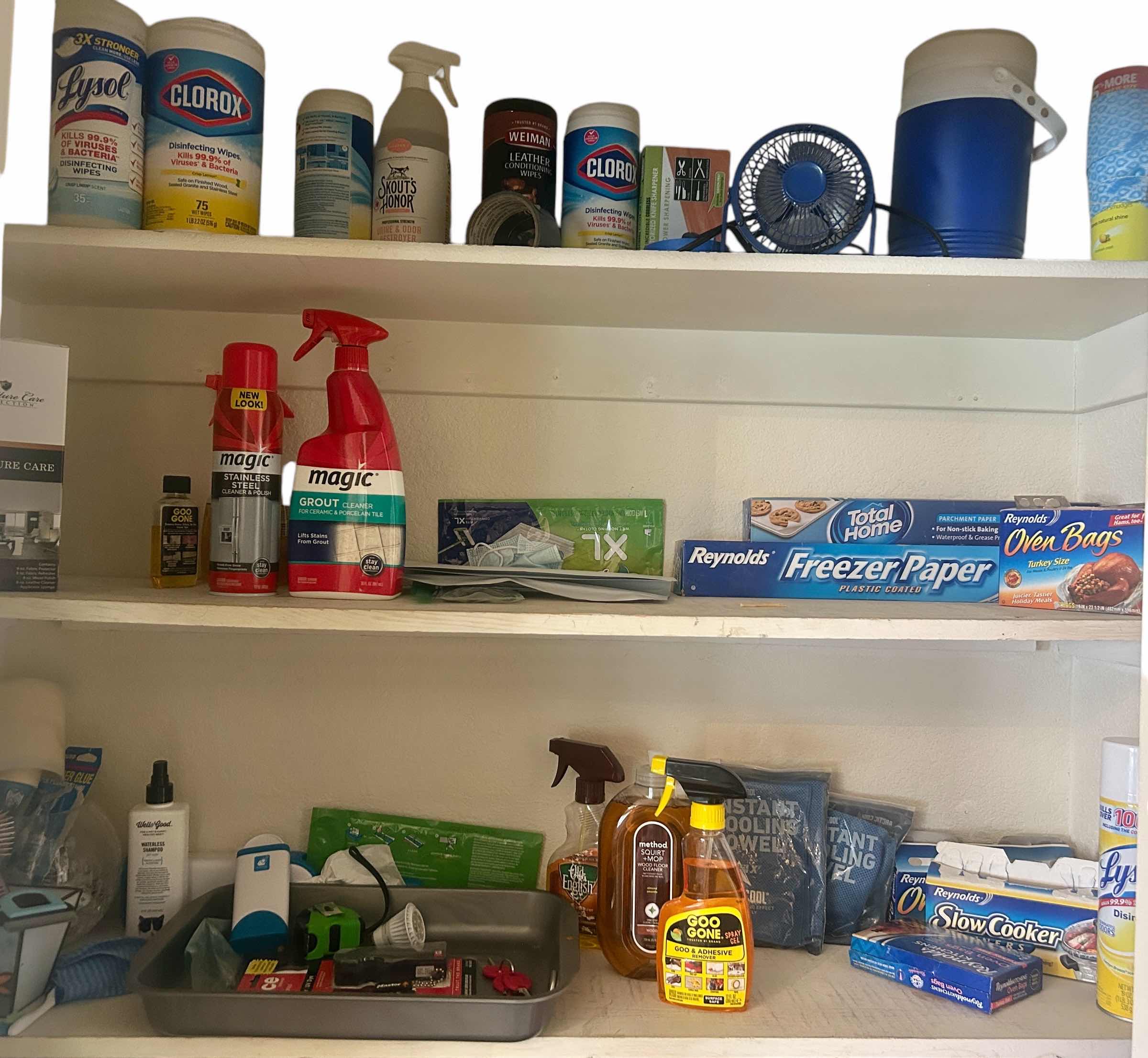 Photo 1 of CONTENTS OF 3 SHELVES IN CLOSET- CLEANING SUPPLIES AND MORE