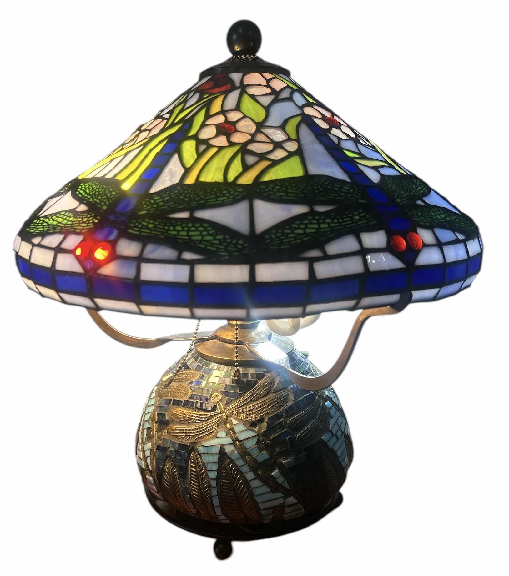 Photo 1 of HEAVY GLASS, RESIN AND METAL TIFFANY STYLE DRAGONFLY LAMP H19”