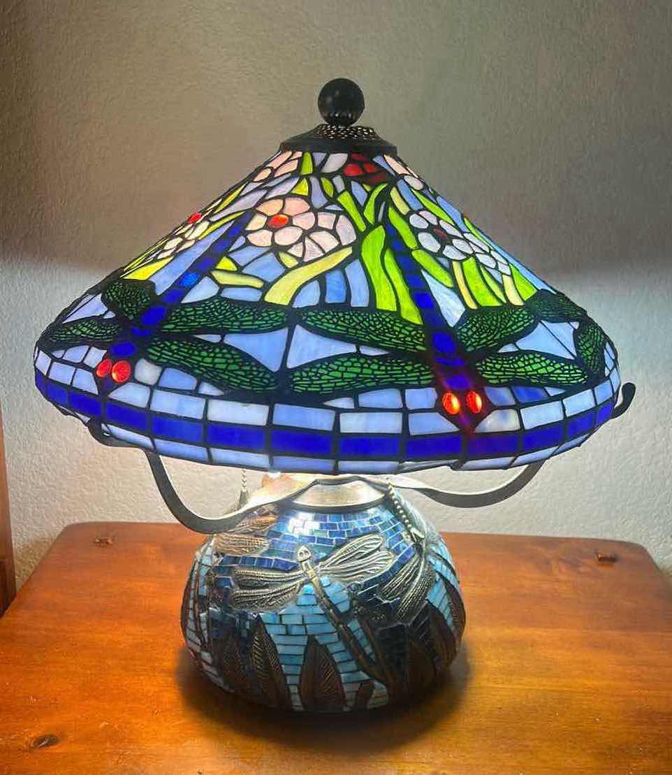 Photo 1 of HEAVY GLASS, RESIN AND METAL TIFFANY STYLE DRAGONFLY LAMP H19”