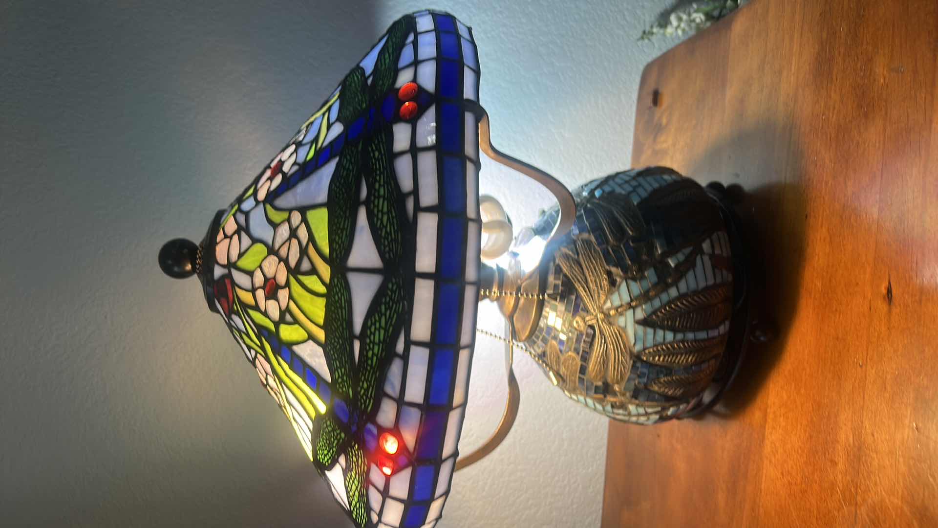 Photo 2 of HEAVY GLASS, RESIN AND METAL TIFFANY STYLE DRAGONFLY LAMP H19”