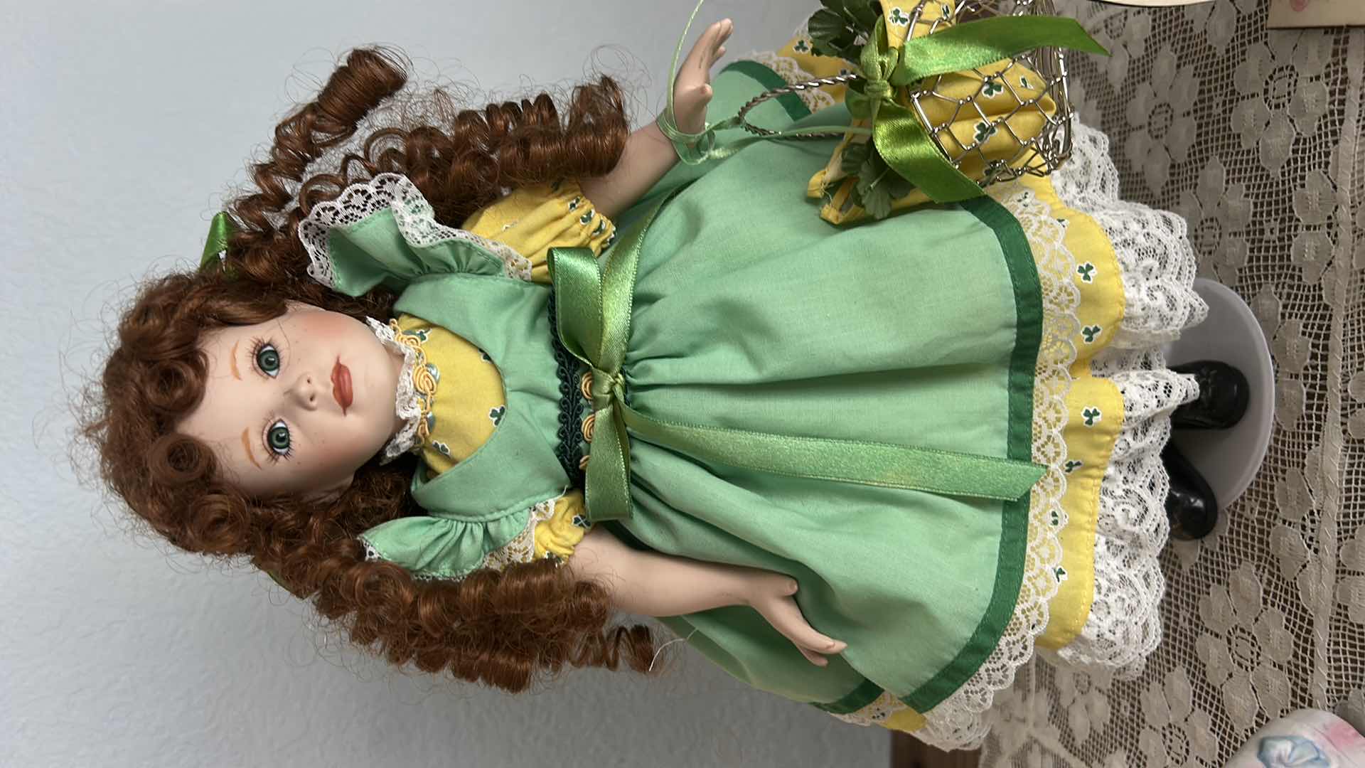 Photo 1 of VINTAGE DOLL, PORCELAIN FIGURINE, DOILY AND BEyoutiful SIGN