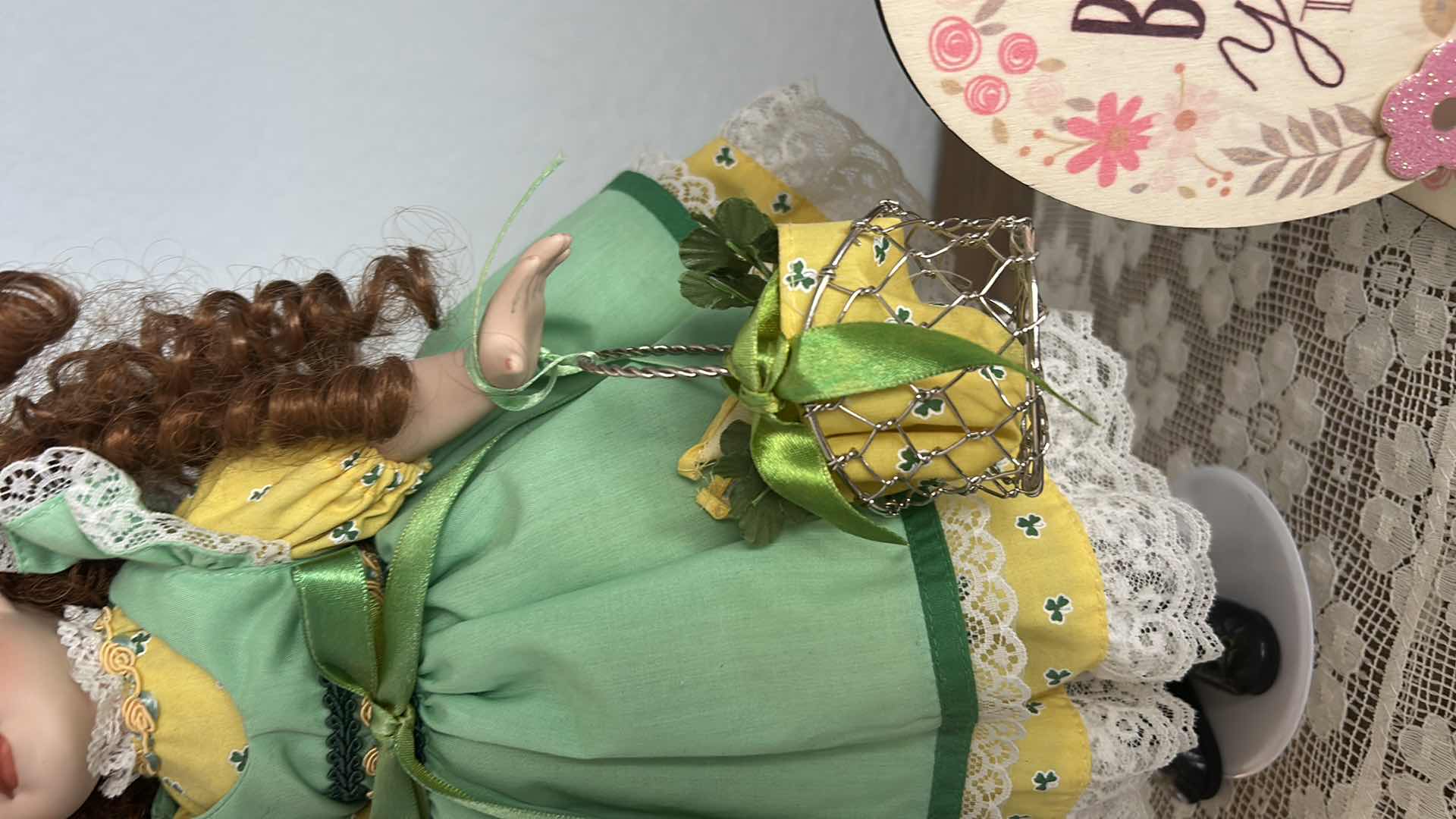 Photo 1 of VINTAGE DOLL, PORCELAIN FIGURINE, DOILY AND BEyoutiful SIGN