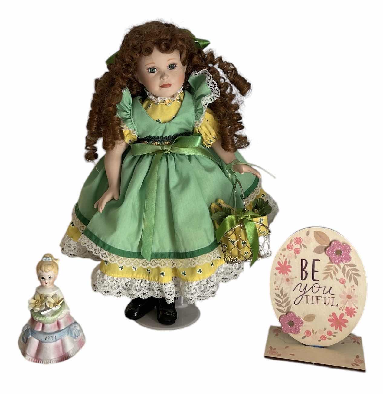 Photo 1 of VINTAGE DOLL, PORCELAIN FIGURINE, DOILY AND BEyoutiful SIGN