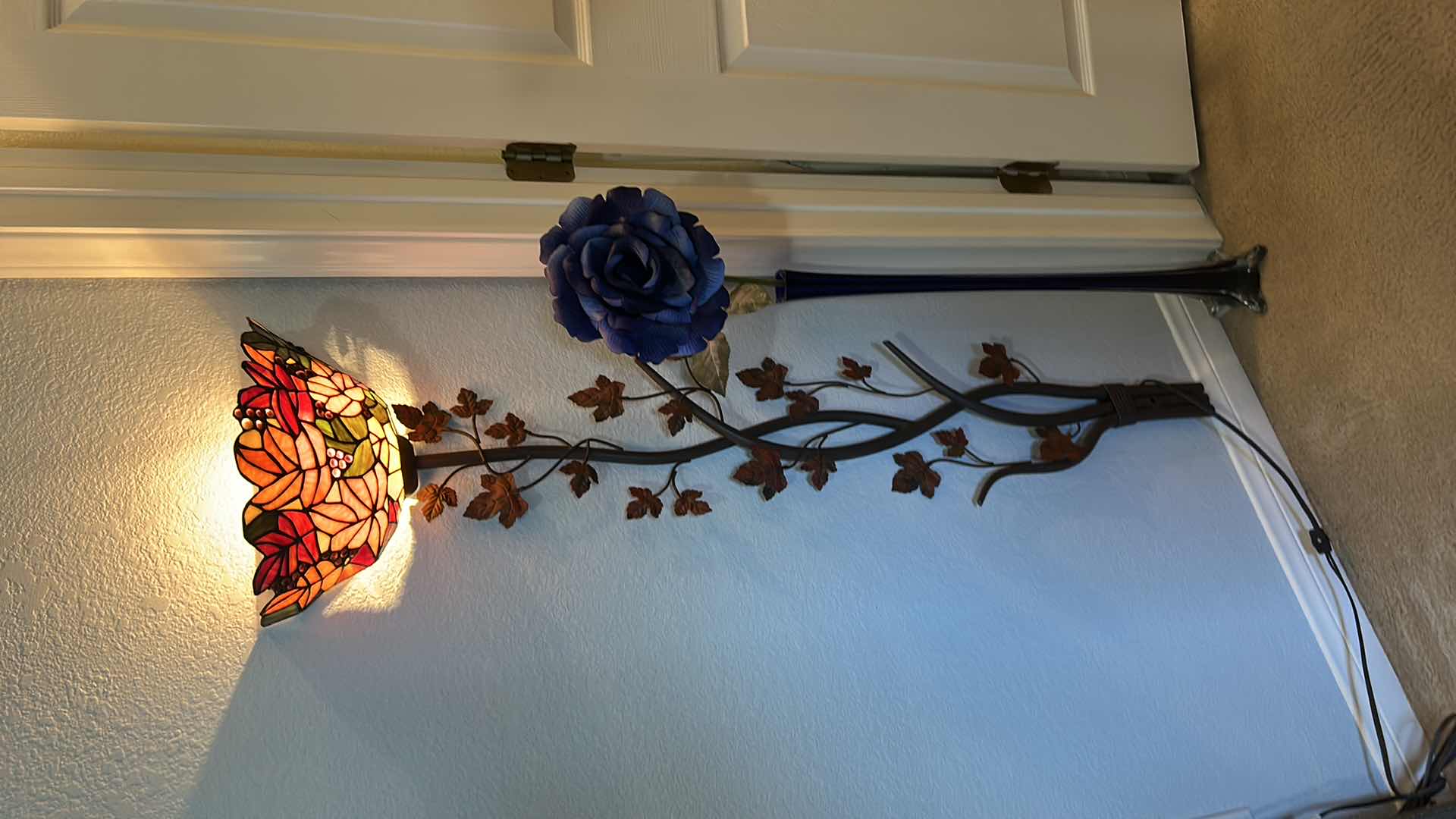 Photo 1 of WALL FLOWER LAMP AND TALL VASE WITH FAUX BLUE ROSE - LARGEST H 55”
