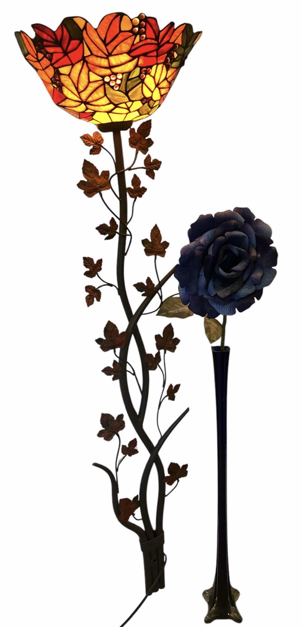 Photo 1 of WALL FLOWER LAMP AND TALL VASE WITH FAUX BLUE ROSE - LARGEST H 55”