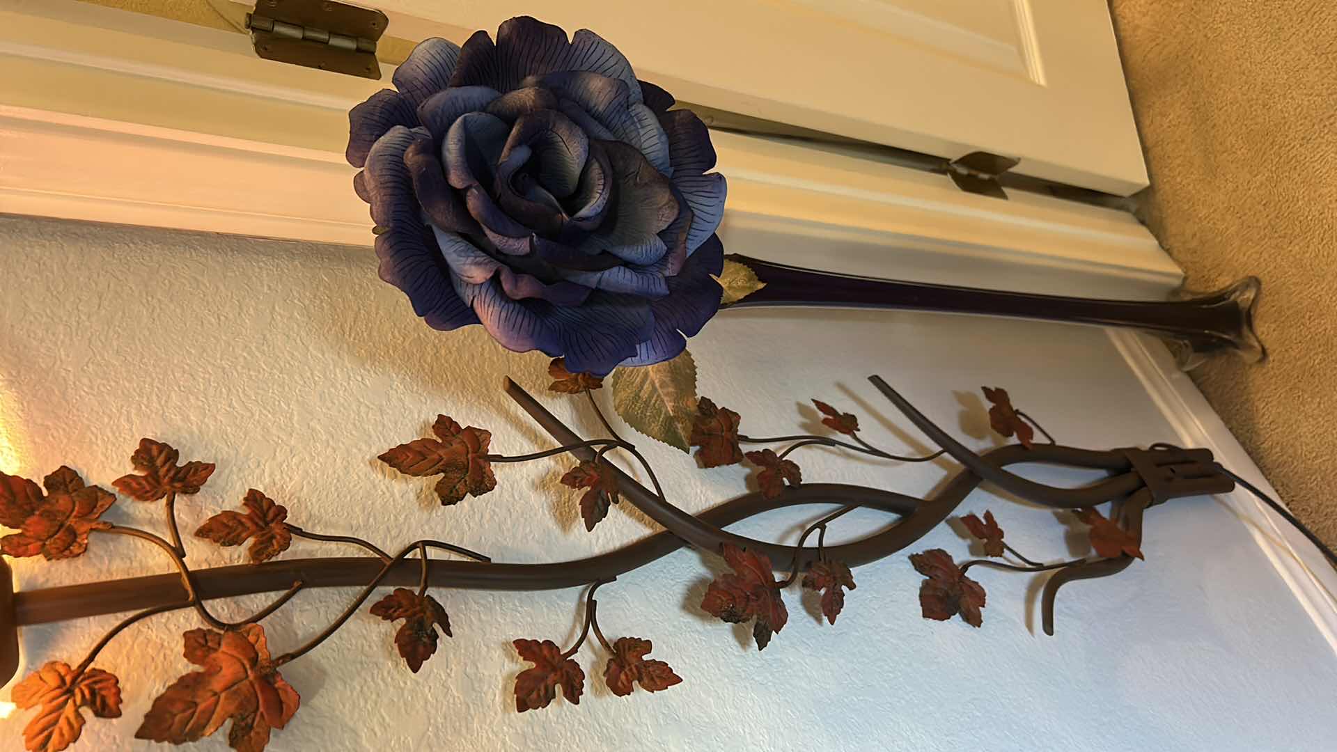 Photo 1 of WALL FLOWER LAMP AND TALL VASE WITH FAUX BLUE ROSE - LARGEST H 55”