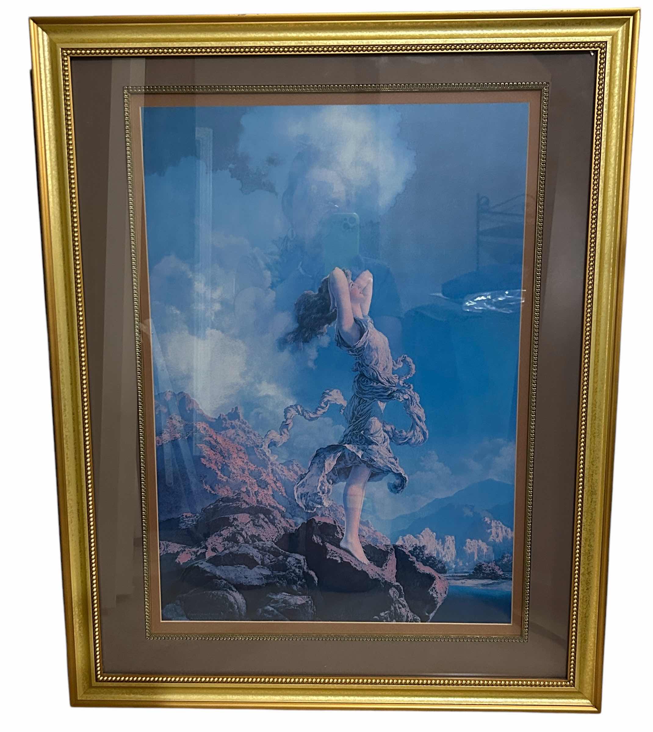 Photo 1 of GOLD FRAMED, YOUNG WOMAN ON JAGGED ROCKS LOOKING UP AT SKY ARTWORK 24 1/2” x H30 1/2”