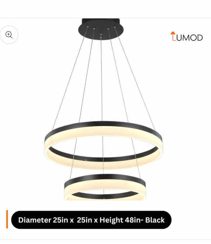 Photo 1 of NIB - JUNIPER MODERN BLACK METAL & ACRYLIC RING HANGING TWO TIER CHANDELIER LED LIGHT 25” x 48” LL-1091-MF