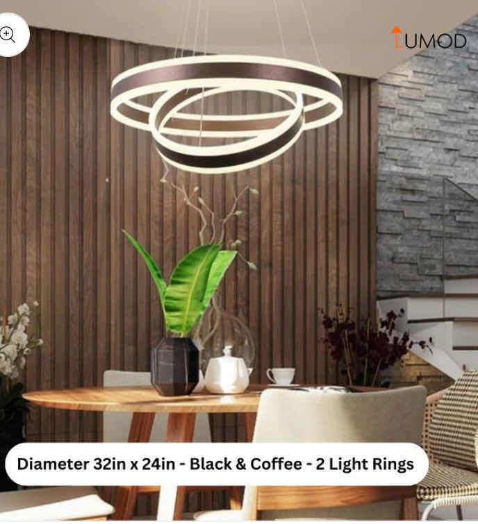 Photo 2 of NIB - CAMILLA SLEEK BLACK & COFFEE  MINIMALIST ROUND TWO RING PENDANT LIGHT DIAMETER 32” & 24” LL-1076-MF