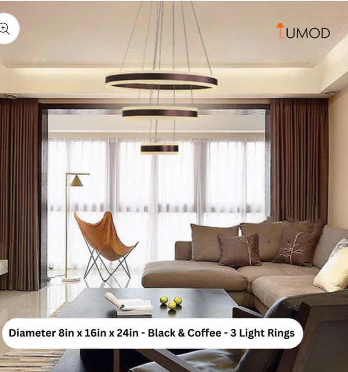 Photo 1 of NIB - CAMILLA SLEEK BLACK & COFFEE  MINIMALIST ROUND THREE RING PENDANT LIGHT DIAMETER 8” 16” & 24” LL-1077-MF