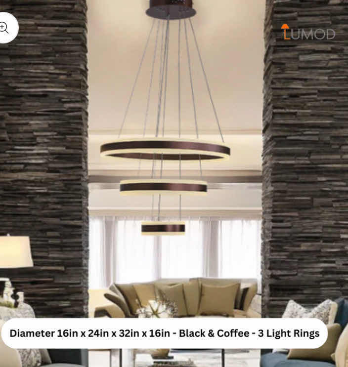 Photo 2 of NIB - CAMILLA SLEEK BLACK & COFFEE  MINIMALIST ROUND THREE RING PENDANT LIGHT DIAMETER 16” 24” & 32” LL-1078-MF