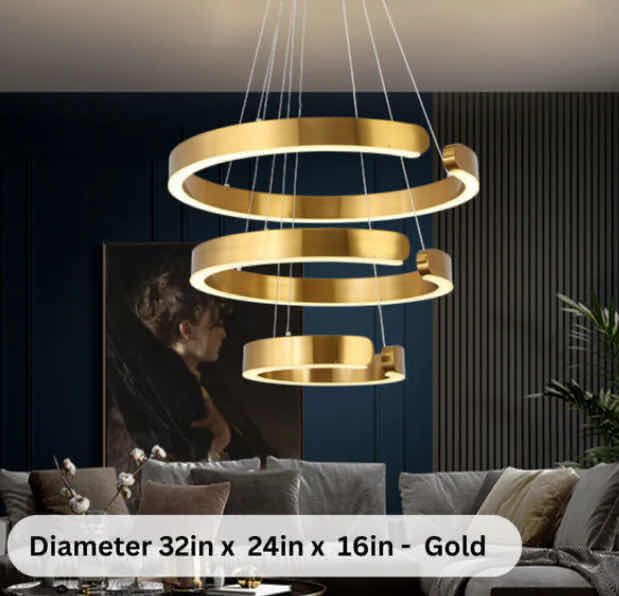 Photo 1 of NIB - ISABELLA SLEEK GOLD 3 RING LED HANGING RINGS CHANDELIER DIAMETERS 32” 24” 16” LL-1109-MF