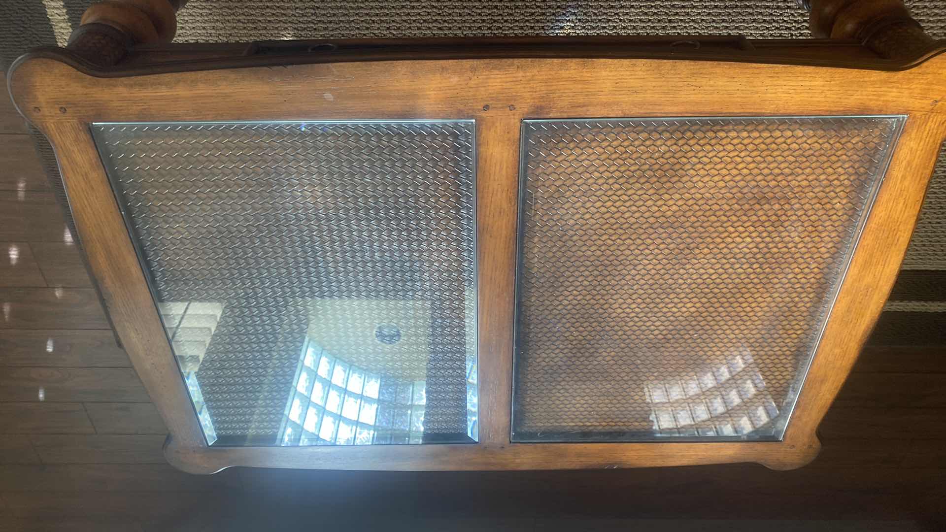 Photo 1 of OAK COFFEE TABLE WITH WOOD BRAID DETAIL AND GLASS INSERTS 47” x 31 1/2” H 19 1/2”