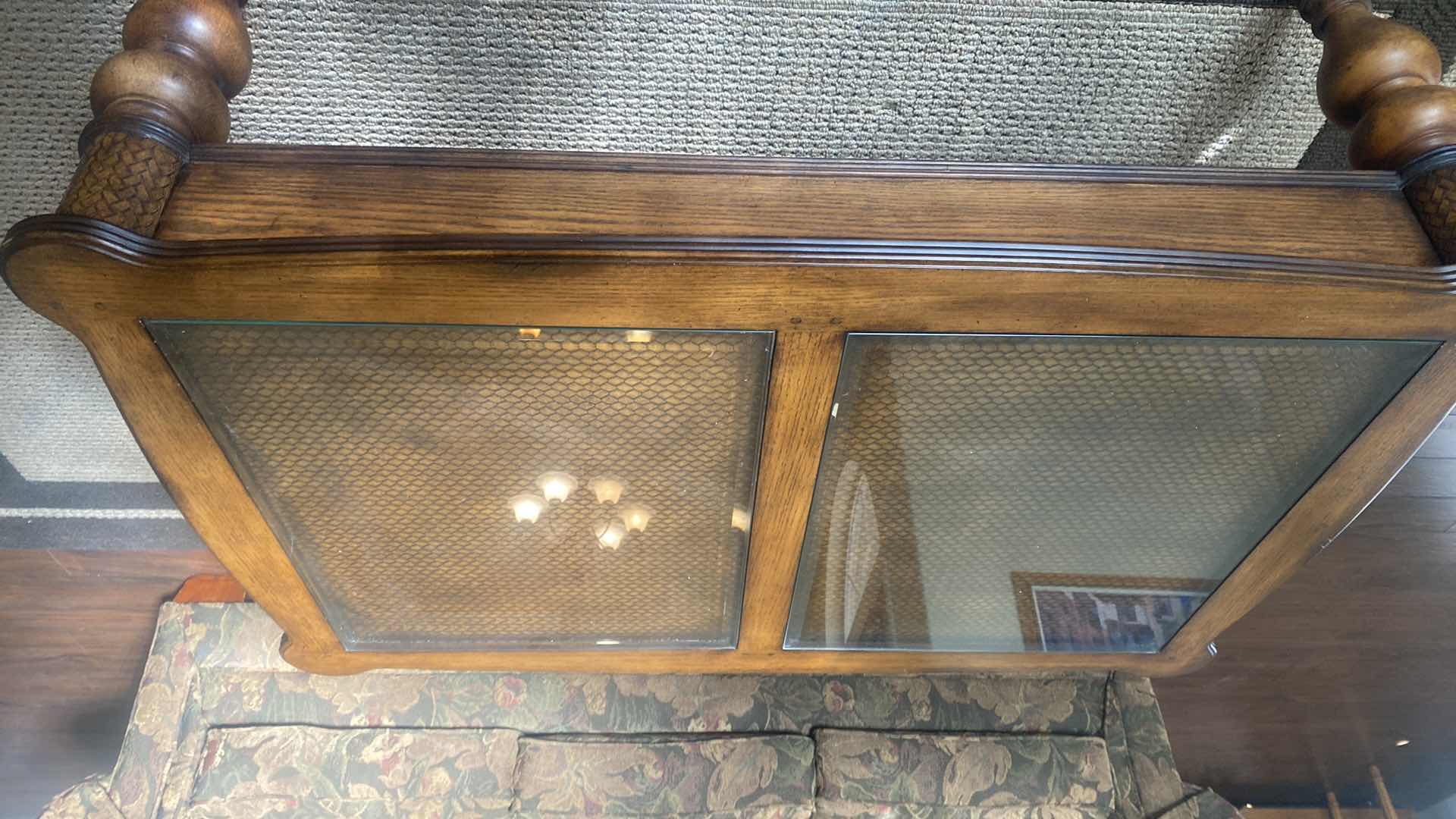 Photo 1 of OAK COFFEE TABLE WITH WOOD BRAID DETAIL AND GLASS INSERTS 47” x 31 1/2” H 19 1/2”