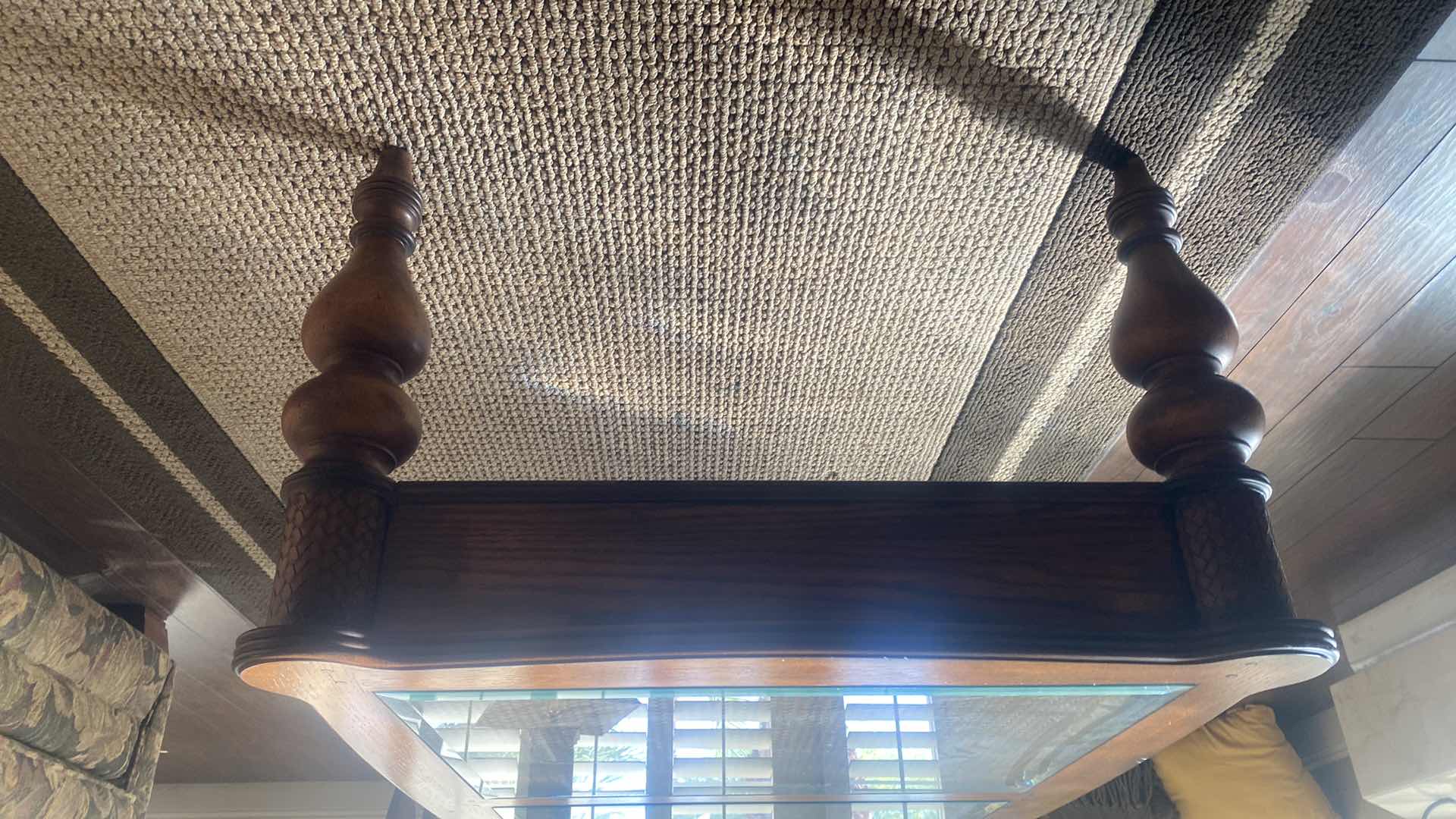 Photo 1 of OAK COFFEE TABLE WITH WOOD BRAID DETAIL AND GLASS INSERTS 47” x 31 1/2” H 19 1/2”