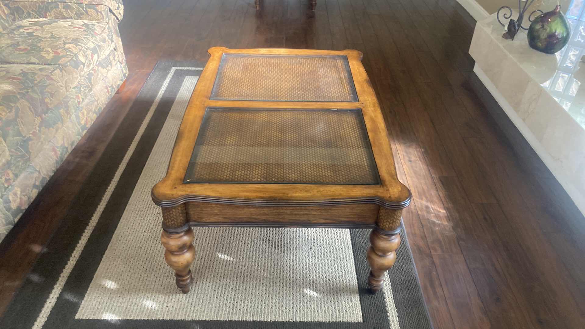 Photo 1 of OAK COFFEE TABLE WITH WOOD BRAID DETAIL AND GLASS INSERTS 47” x 31 1/2” H 19 1/2”