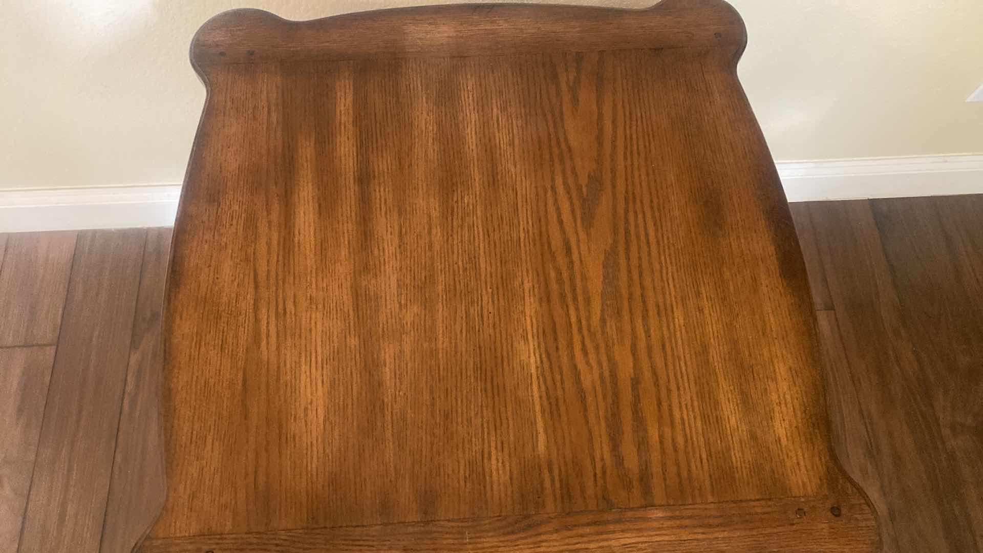 Photo 1 of ASHLEY FURNITURE OAK END TABLE WITH WOOD BRAID DETAIL AND DOVETAIL DRAWER 26” x 27” H 25 1/2”