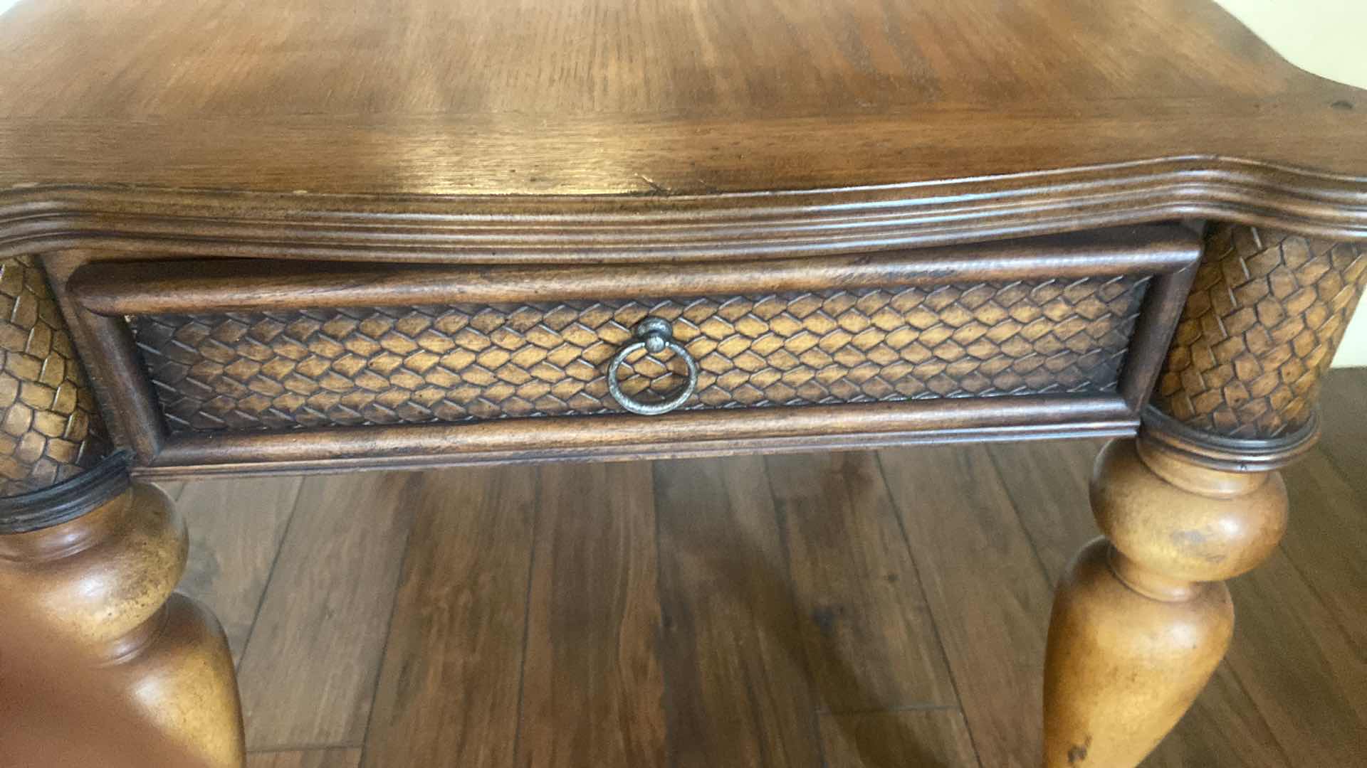 Photo 1 of ASHLEY FURNITURE OAK END TABLE WITH WOOD BRAID DETAIL AND DOVETAIL DRAWER 26” x 27” H 25 1/2”