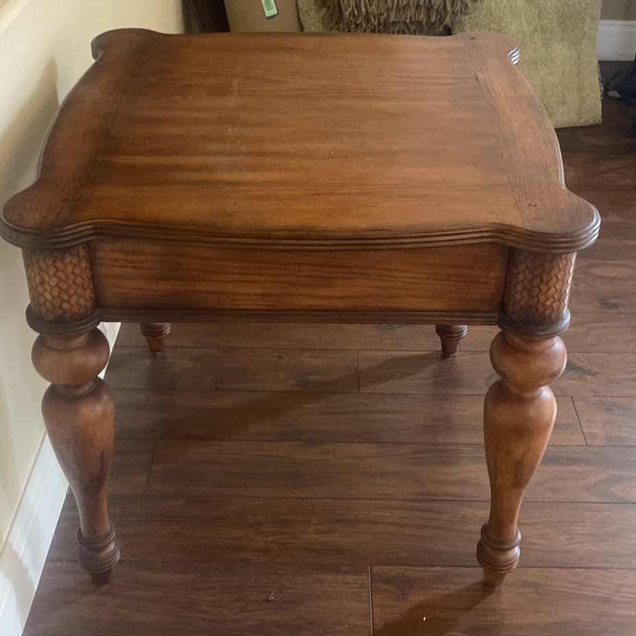 Photo 1 of ASHLEY FURNITURE OAK END TABLE WITH WOOD BRAID DETAIL AND DOVETAIL DRAWER 26” x 27” H 25 1/2”