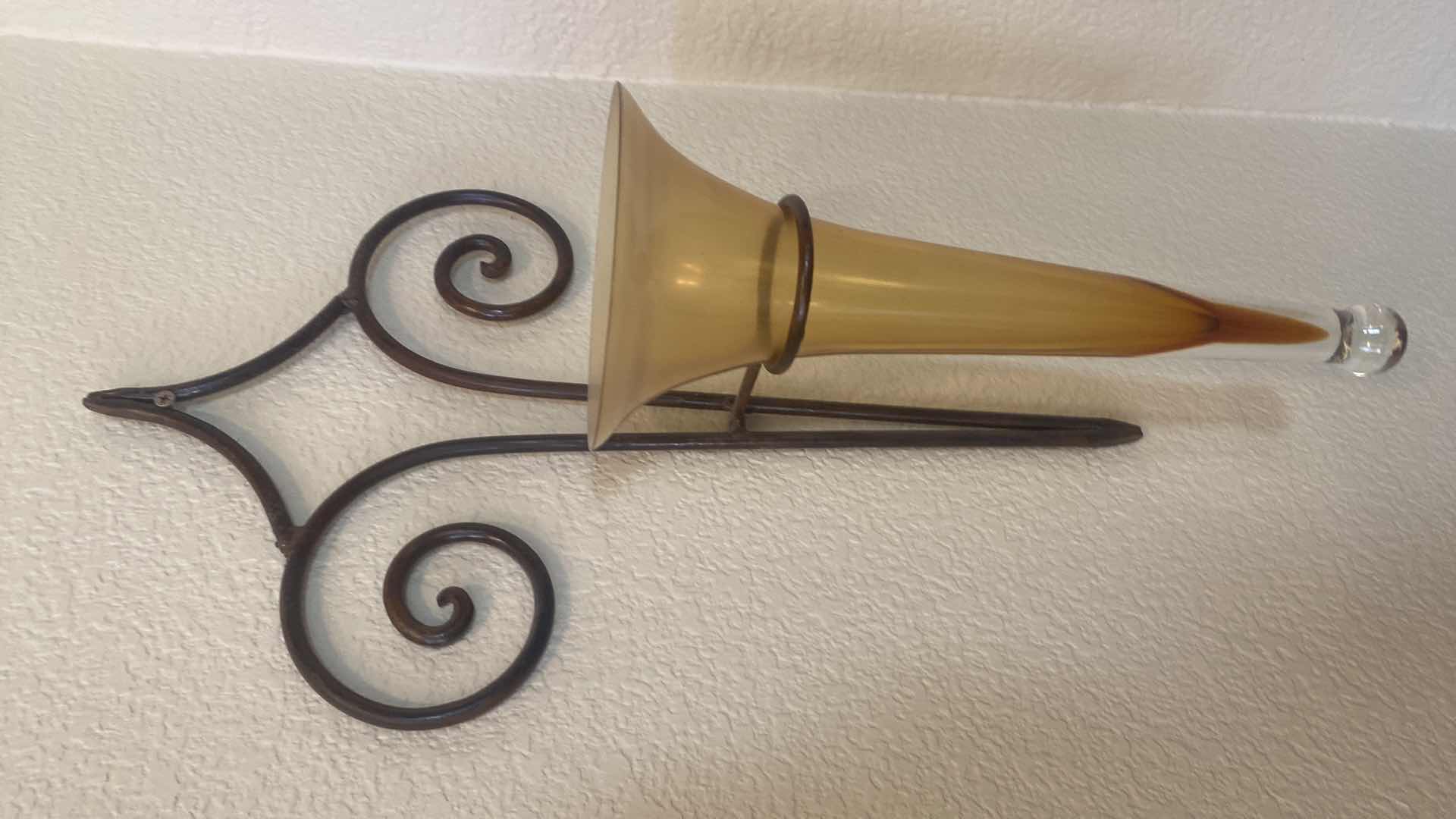 Photo 1 of PAIR OF GLASS AND IRON WALL SCONCES H22”