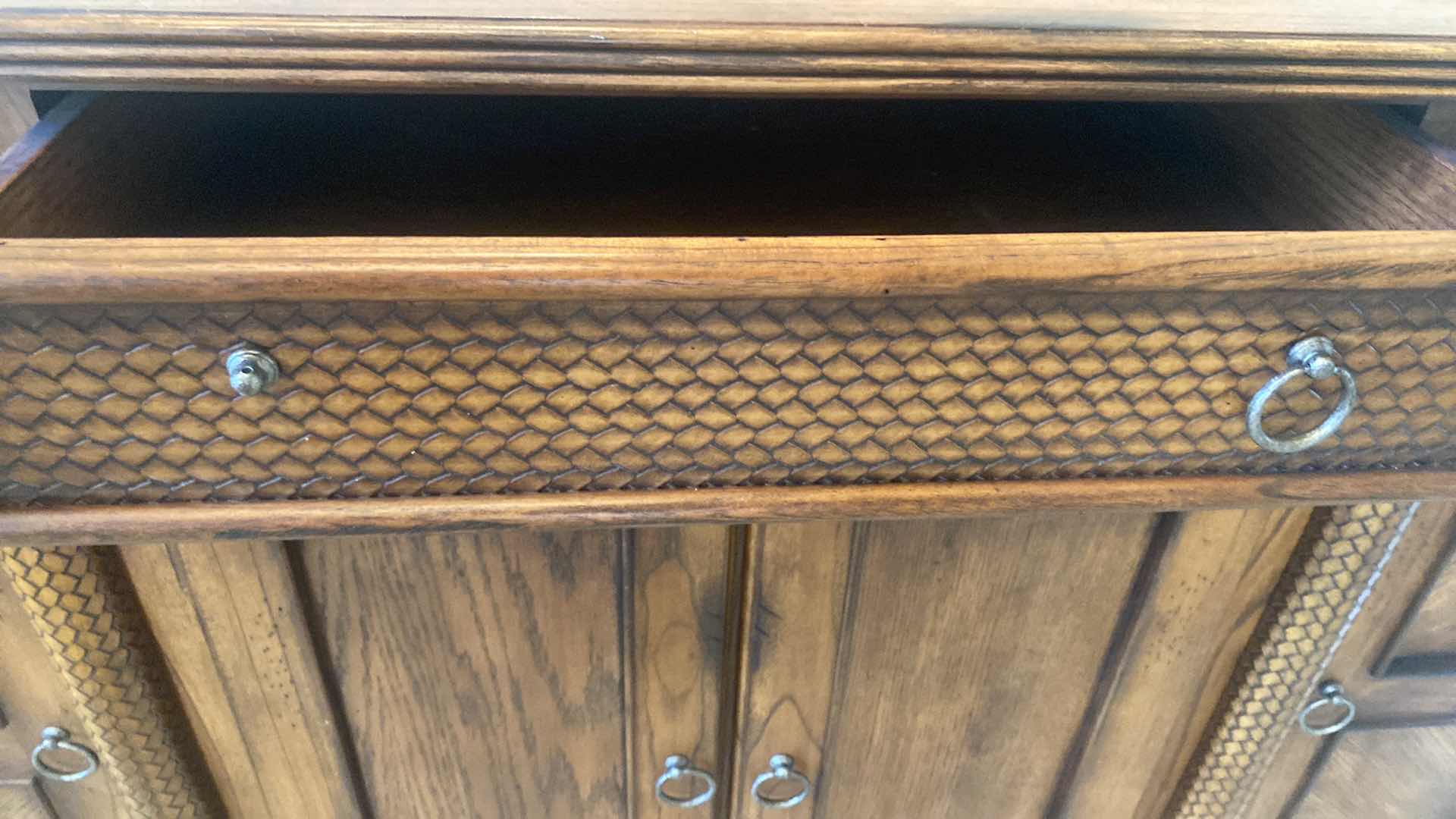 Photo 1 of ASHLEY FURNITURE OAK BUFFET WITH WOOD BRAID DESIGN & DOVETAIL DRAWERS 59” x 17” H36”