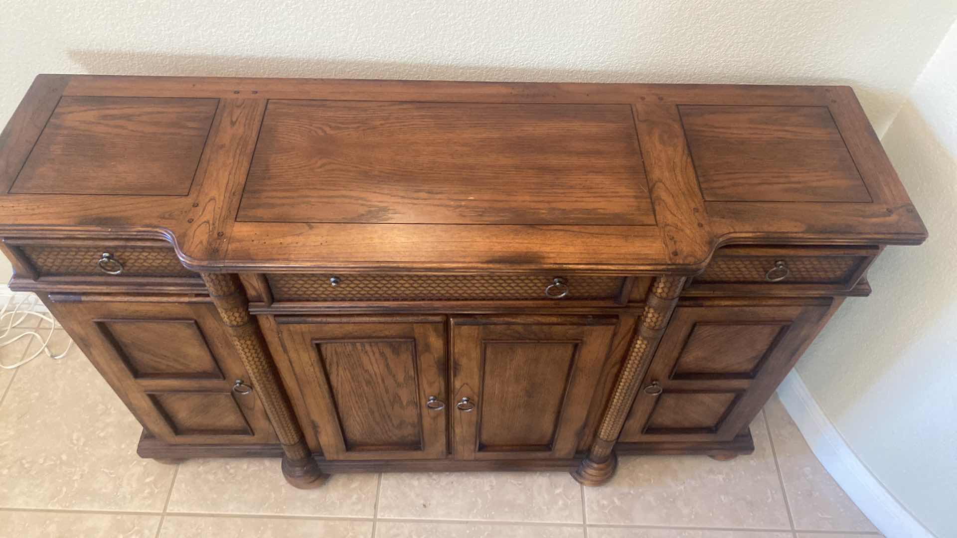 Photo 1 of ASHLEY FURNITURE OAK BUFFET WITH WOOD BRAID DESIGN & DOVETAIL DRAWERS 59” x 17” H36”