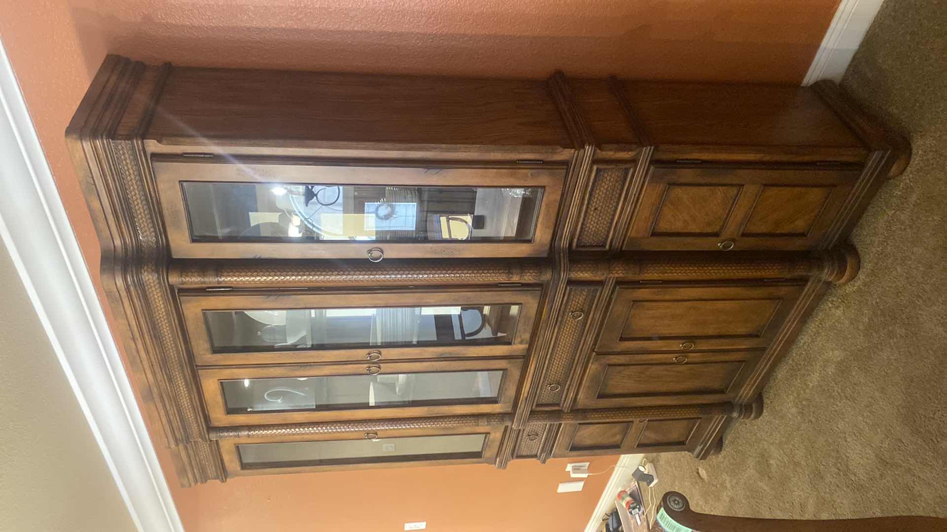 Photo 1 of ASHLEY FURNITURE WOOD CHINA DISPLAY WITH WOOD BRAID ACCENTS AND DOVETAIL DRAWERS 62” x 17” H81” (contents not included)