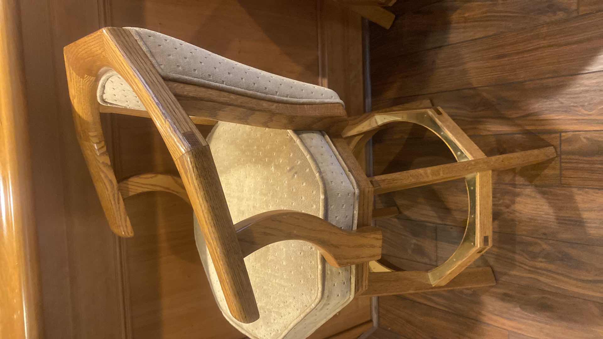 Photo 1 of 2-OAK WOOD BAR STOOLS WITH UPHOLSTERY SEATS, SEAT HEIGHT 29 1/2”, OVERALL HEIGHT 40”