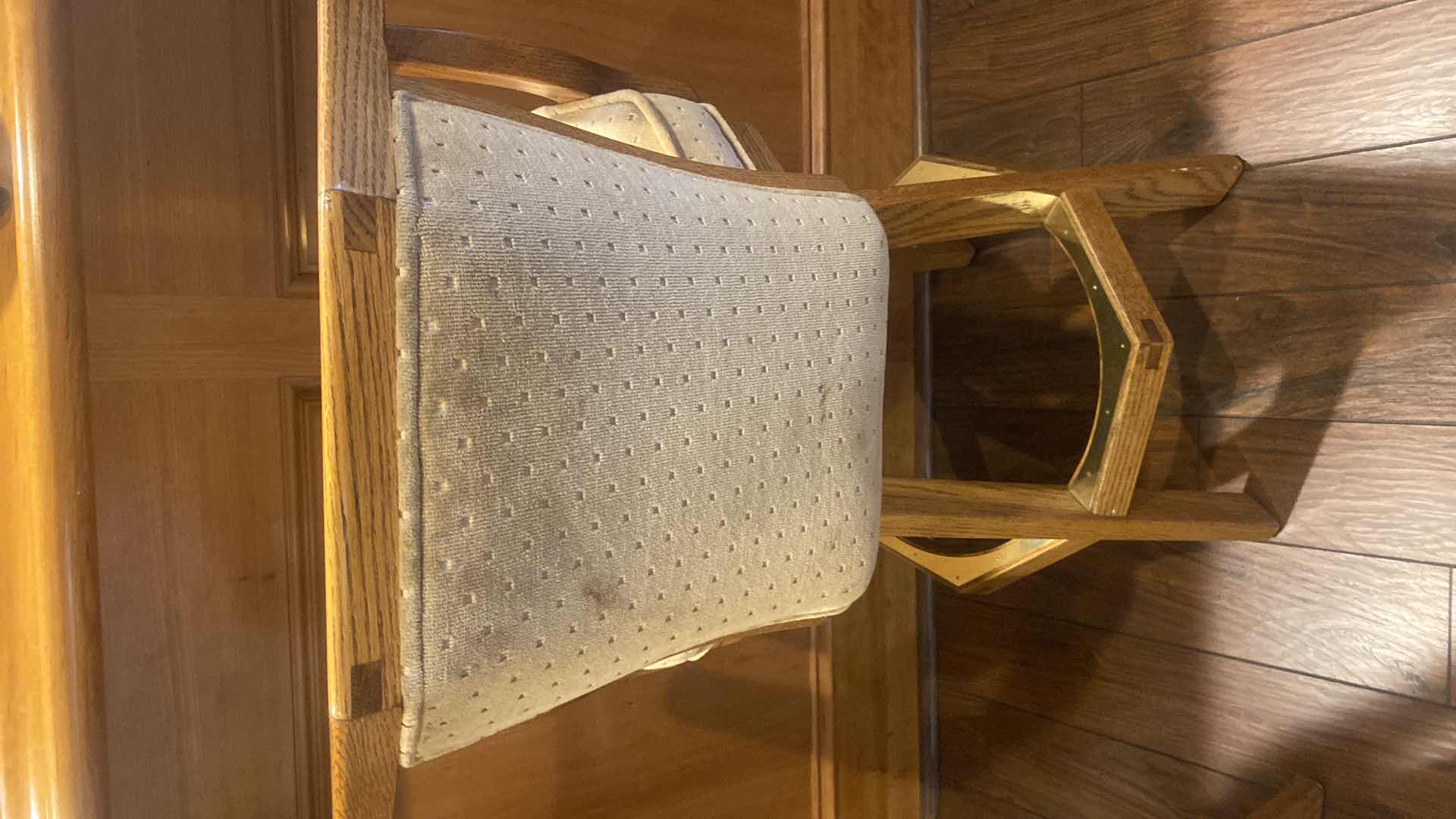 Photo 1 of 2-OAK WOOD BAR STOOLS WITH UPHOLSTERY SEATS, SEAT HEIGHT 29 1/2”, OVERALL HEIGHT 40”