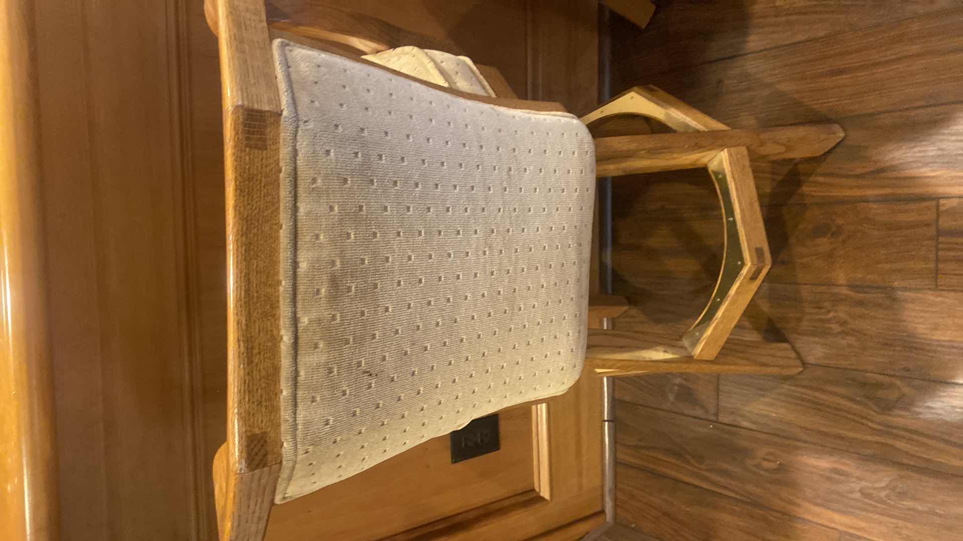 Photo 1 of 2-OAK WOOD BAR STOOLS WITH UPHOLSTERY SEATS, SEAT HEIGHT 29 1/2”, OVERALL HEIGHT 40”