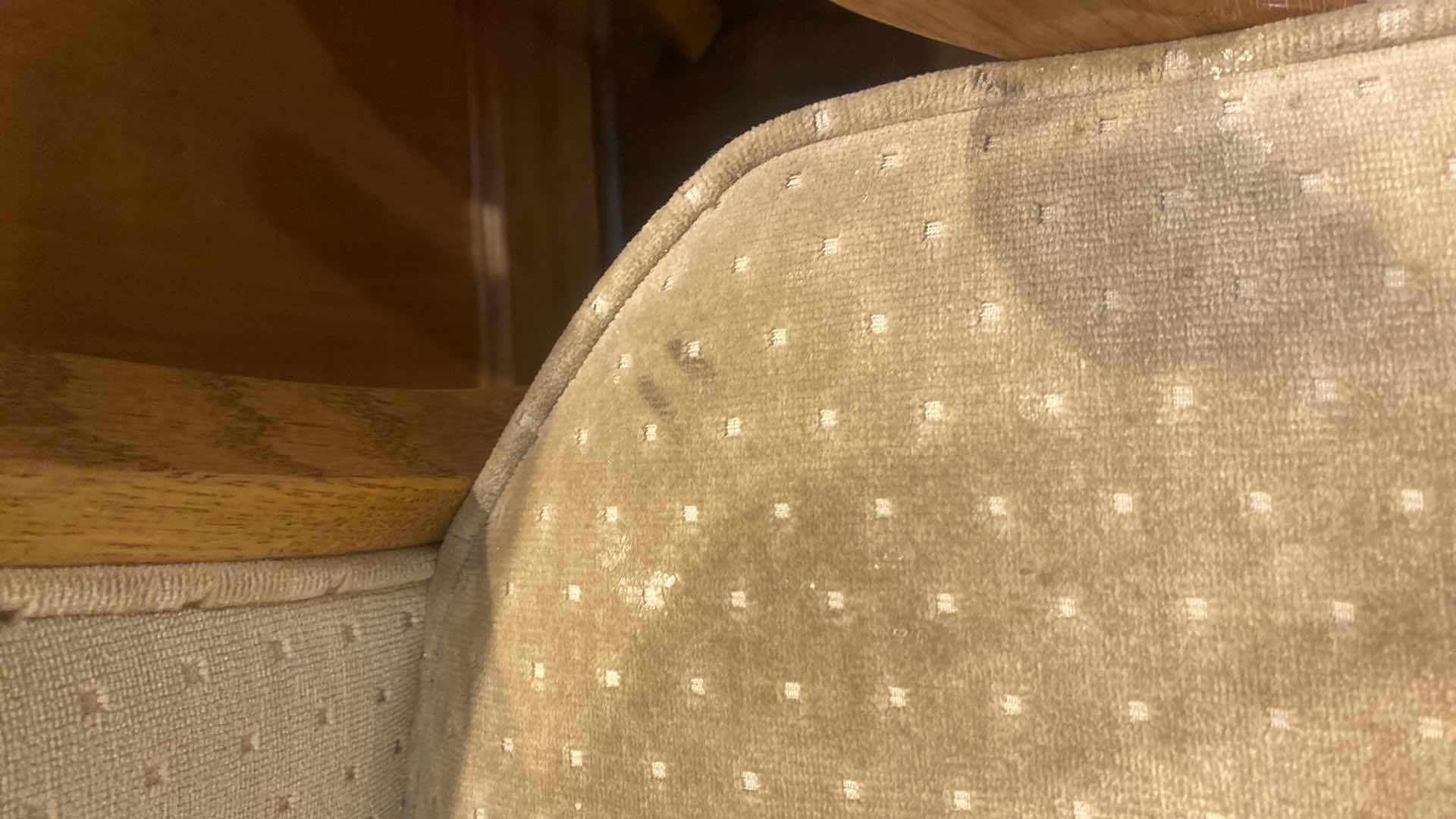 Photo 1 of 2-OAK WOOD BAR STOOLS WITH UPHOLSTERY SEATS, SEAT HEIGHT 29 1/2”, OVERALL HEIGHT 40”